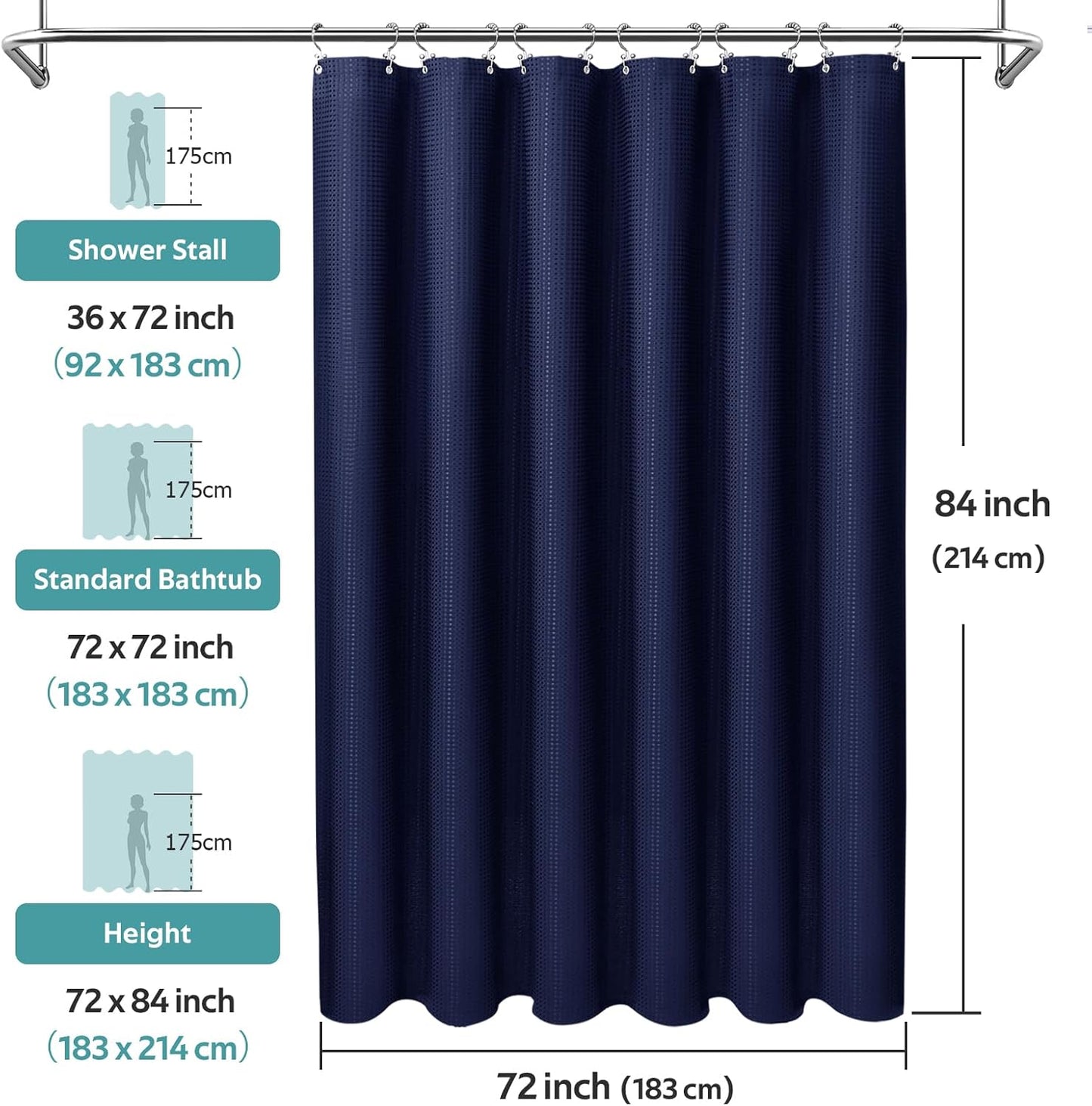 3 in 1 Shower Curtain Set, Waffle Shower Curtain and Liner Set with 12 Double Sided Shower Curtain Hooks, 258GSM Luxury Weighted Cloth Shower Curtains for Bathroom, 72 W x 84 H, Navy Blue