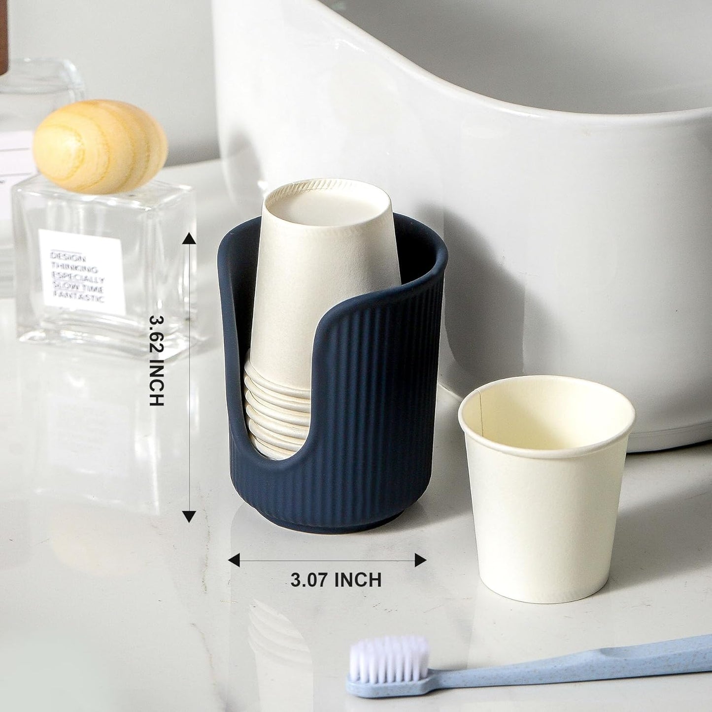 Ceramic Bathroom Cup Dispenser with Stylish Vertical Stripes - Disposable Mouthwash Cup Holder Holds 3-4oz Paper Cups for Rinsing Cups on Bathroom Vanity Countertops (Matte Blue)