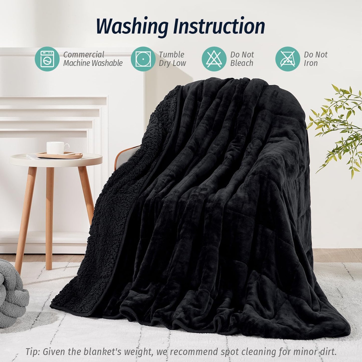 Wemore Sherpa Fleece Weighted Blanket for Adult 12 lbs Dual Sided Cozy Fluffy Heavy Blanket,Ultra Fuzzy Throw Blanket with Soft Plush Flannel Top,48 x 72 inches,Black on Both Sides