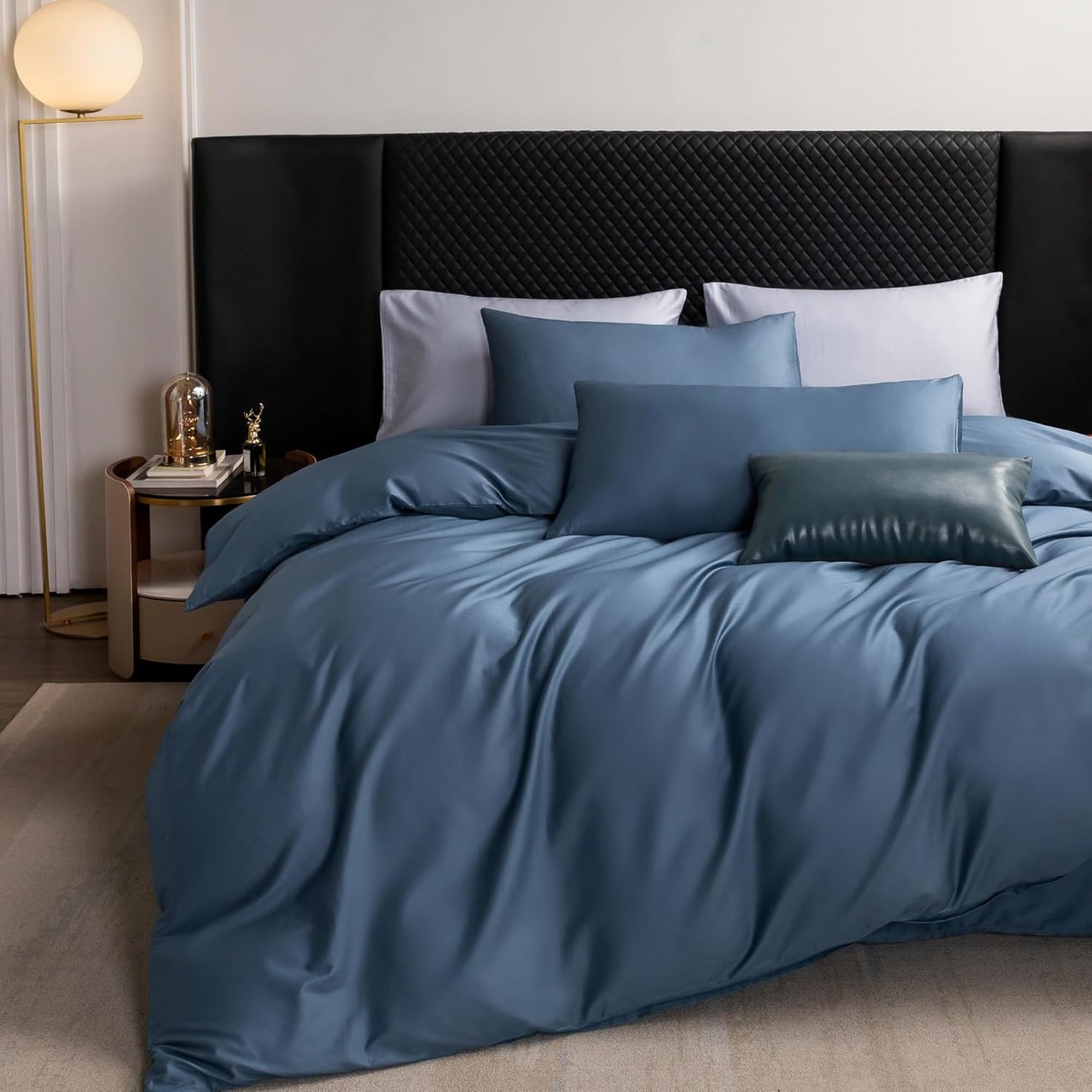 MooMee Duvet Cover Set 100% Extra Long Staple Cotton 600 Thread Count Silky Sateen Smooth Luxury Soft Breathable Durable Hotel Quality Bedding, 3 Pieces (Dark Blue, King 104"x90")