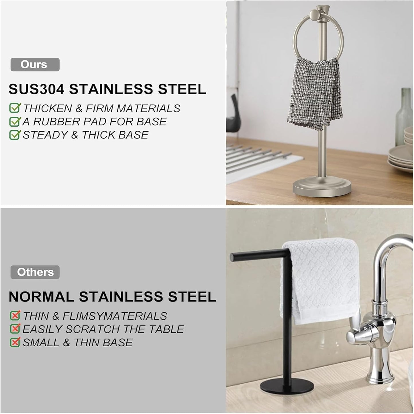 Hoimpro 17 Inch Stand Hand Towel Holder Towel Bar Towel Hanging Ring, Free Standing Floor Hand Towel Rack Storage for Bathroom Kitchen Vanity Countertops, Hardware Accessories(Brushed Nickel)