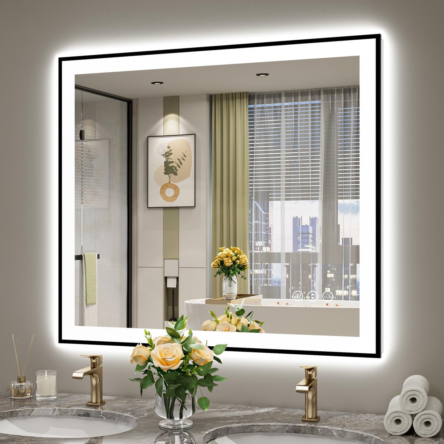 40x36 Inch LED Bathroom Mirror with Lights (Front Lit and Backlit) Black Framed Lighted Vanity Mirror for Bathroom Wall Dimmable Anti-Fog Memory Tempered Glass Horizontal/Vertical