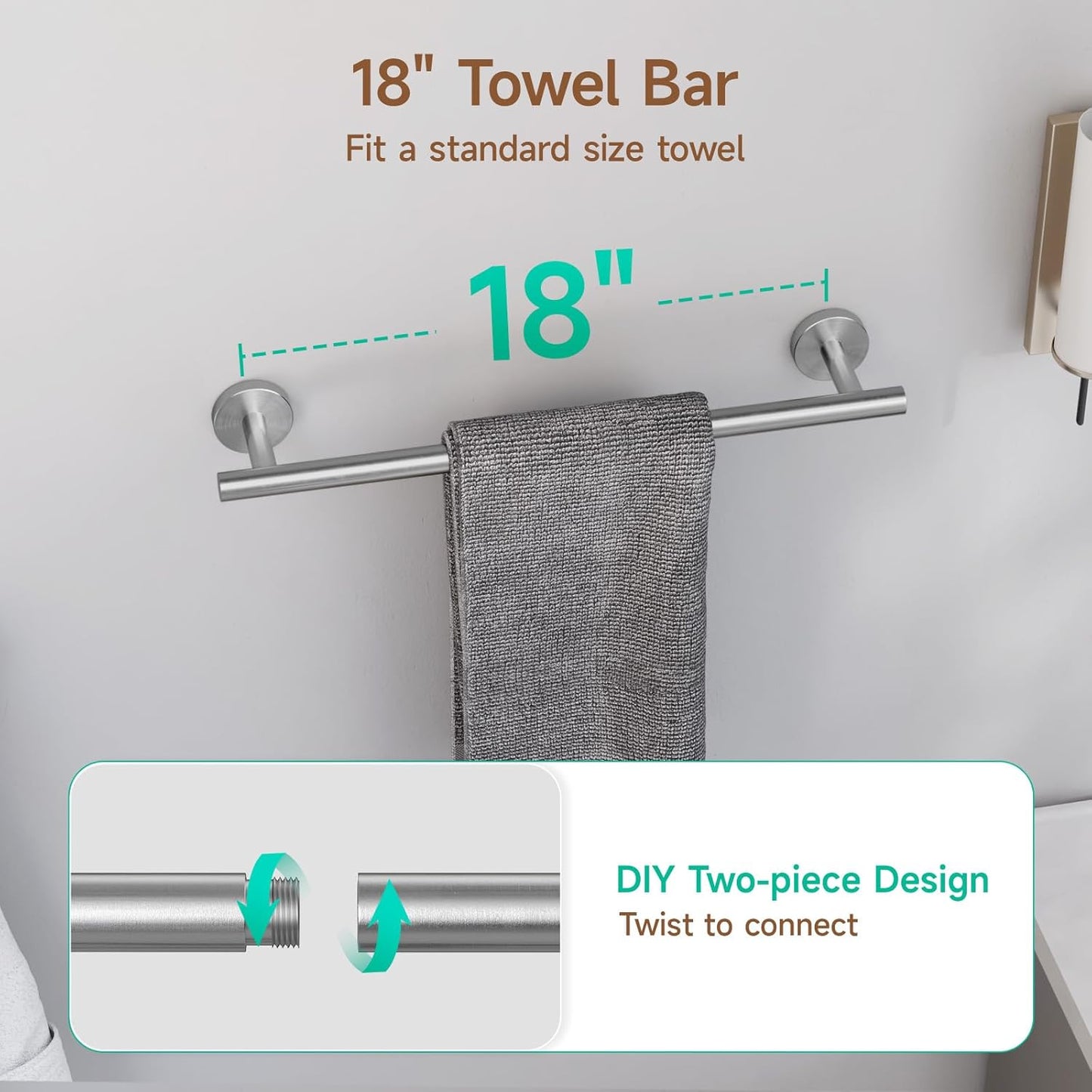USHOWER Brushed Nickel Bathroom Hardware Set, Modern 18-Inch Towel Bar Set Wall Mounted, Durable SUS304 Stainless Steel Bathroom Accessories Set, 4-Piece