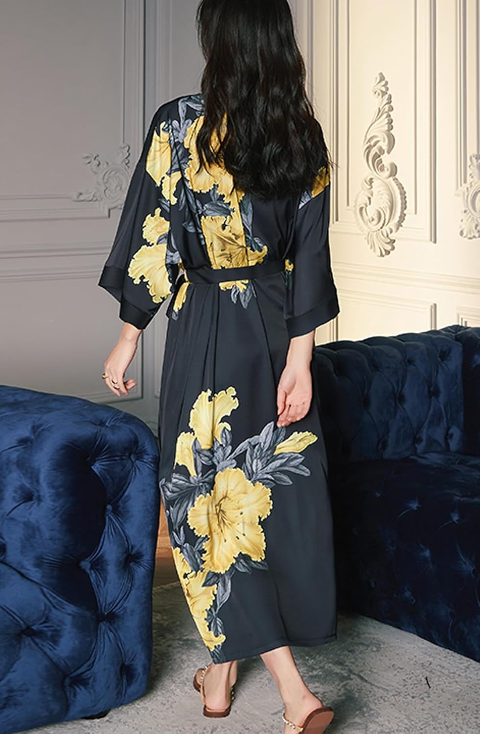 Silk Satin Robe for Women Long Japanese Kimono Robe Lightweight Soft Bathrobe Floral Luxury Dressing Gown