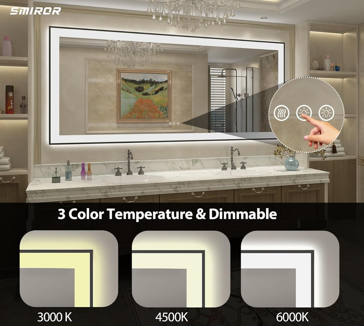 SMIROR 55x30 LED Bathroom Mirror with Black Frame Wall Mounted, Illuminated Vanity Mirrors with Lights, Dimmable, Anti-Fog, Memory, Shatterproof, ETL Listed (Front Lighted and Backlit)