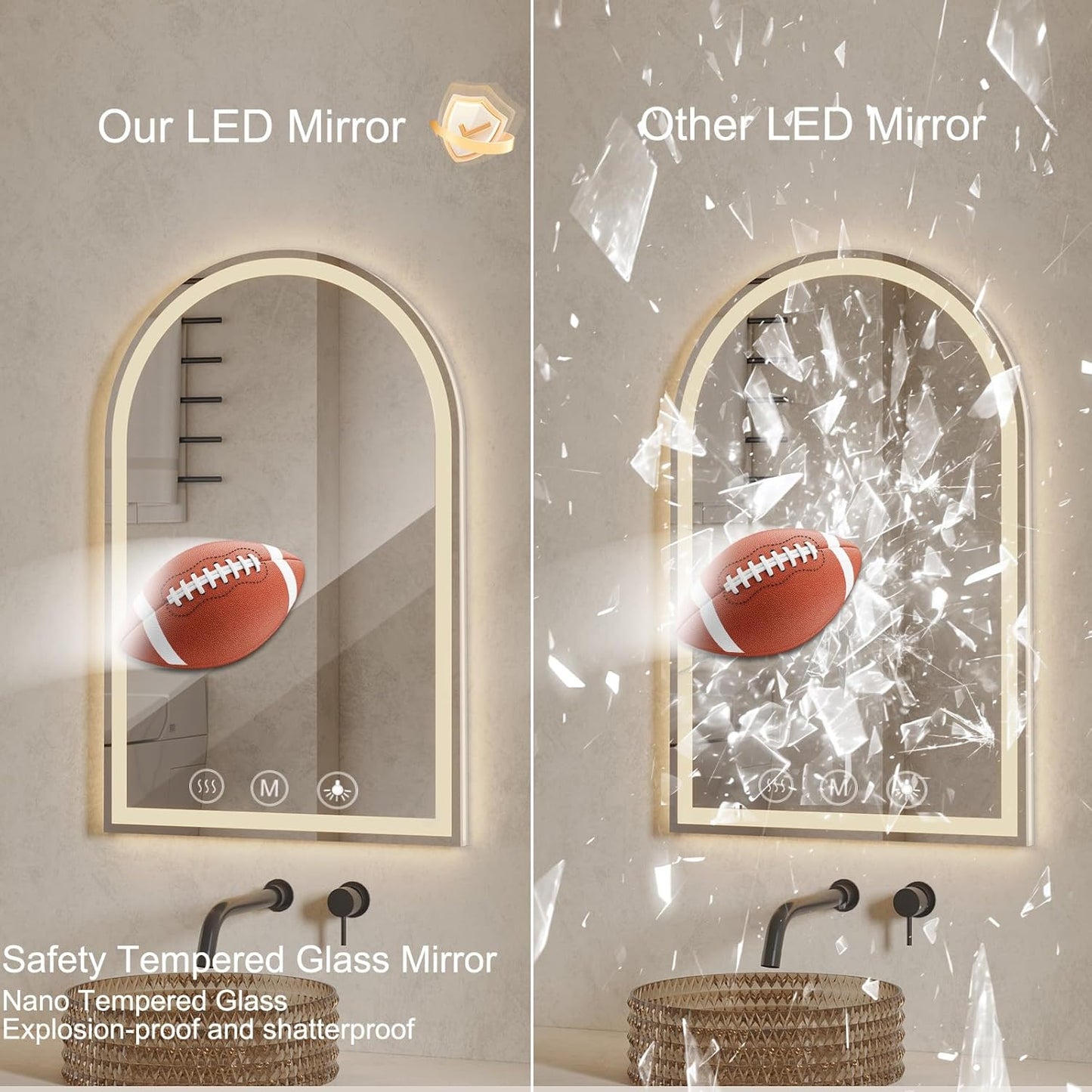 LED Bathroom Mirrors with Lights 24"x36" Arched Mirror for Wall,Led Vanity Mirror, Anti-Fog,LED Mirrors with Front Light and Backlit, Anti-Fog, Dimmable, 3 Color, Shatterproof, Touch Sensor