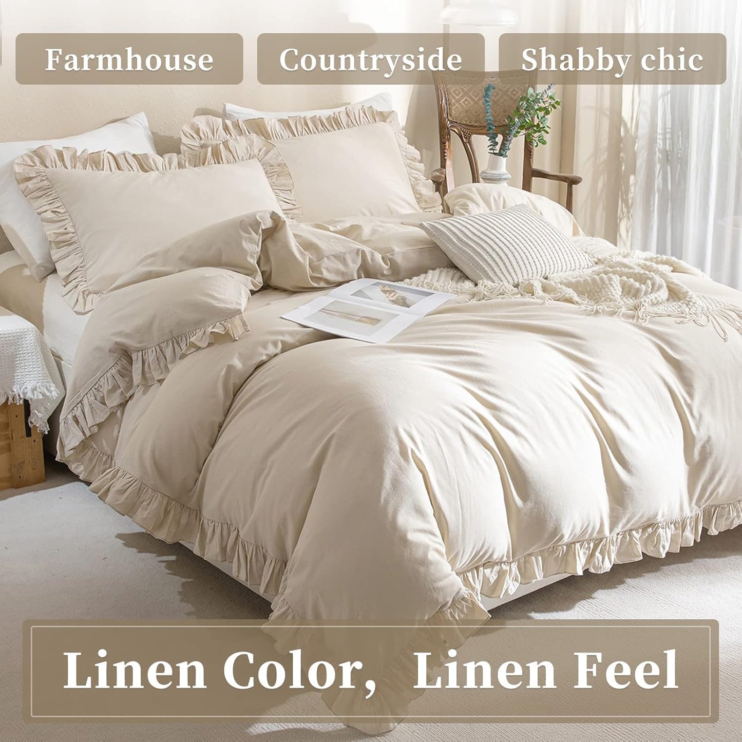 QSH Washed Cotton Duvet Cover King Ruffle Duvet Cover Linen Feel Textured Farmhouse Shabby Vintage Chic Bedding Comforter Cover 3 Pieces Aesthetic Elegant King Bedding