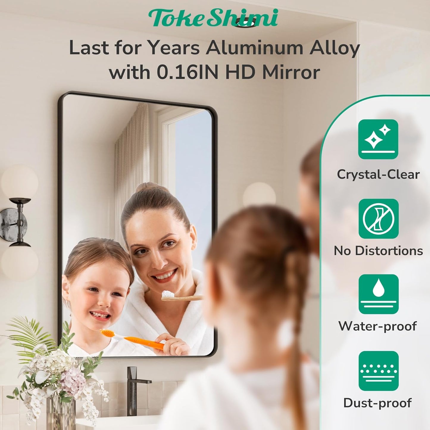 TokeShimi 48x30 Wall Mirror for Bathroom,Matte Black Bathroom Vanity Mirror Modern,Tempered Glass,Large Bathroom Mirror Rectangle,Metal Framed Bathroom Mirror(Horizontal/Vertical)