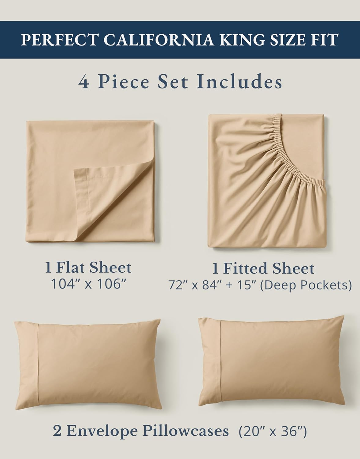 LANE LINEN 100% Organic Cotton Fully Elasticized California King Sheet Set, Low Pilling Fade Resistant Machine Washable Naturally Cooling Cal King Bedding Set, Soft & Comfy Cotton Sheets – Linen