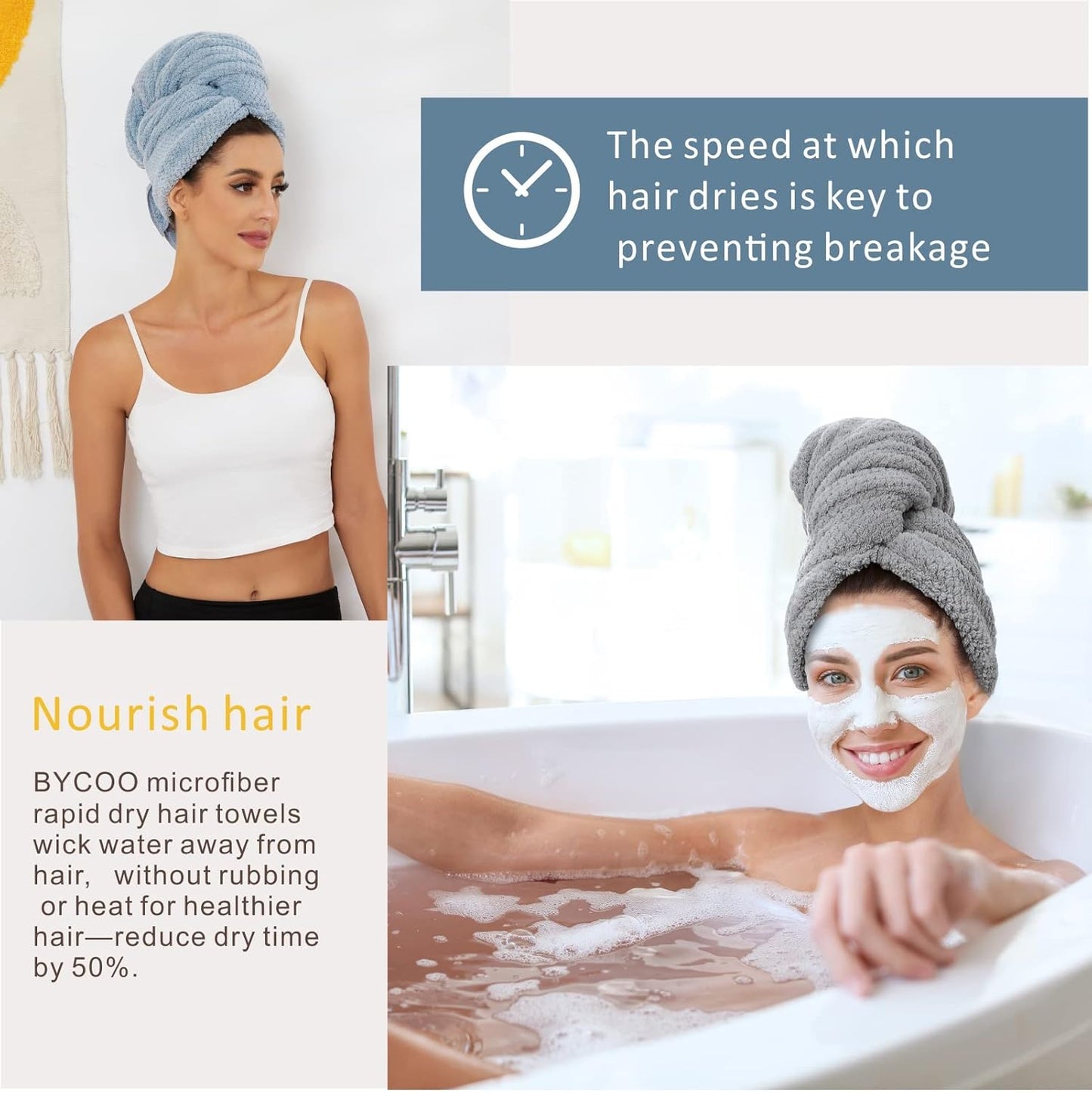 2 Pack Large Microfiber Hair Towel Wrap for Women, Anti Frizz Hair Drying Towel, Fast Dry Hair Turban for Wet Hair, Long, Thick, Curly Hair, Super Absorbent Soft Hair Towels (Blue & Gray)