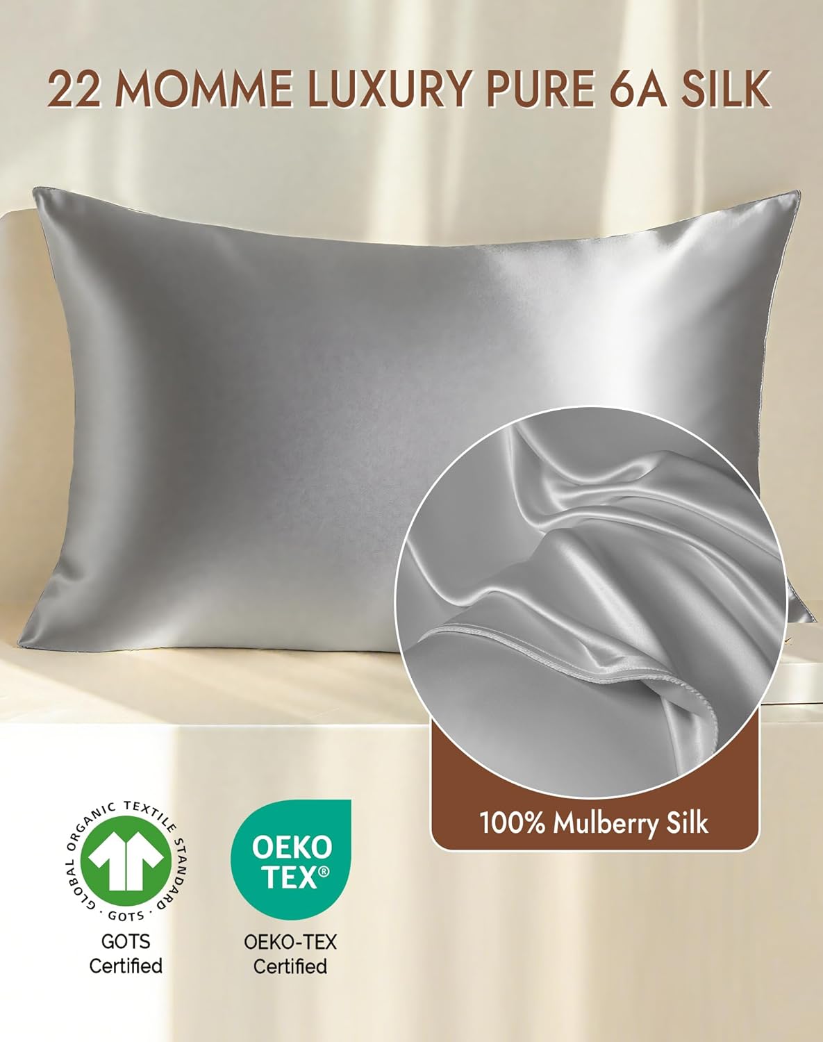SilkSilky 100% Mulberry Silk Pillowcase - Pure 22 Momme High-Grade 6A Fibers for Hair & Skin, Envelope Closure, Natural, Organic, Breathable & Cooling Pillow Case (King, Silver)