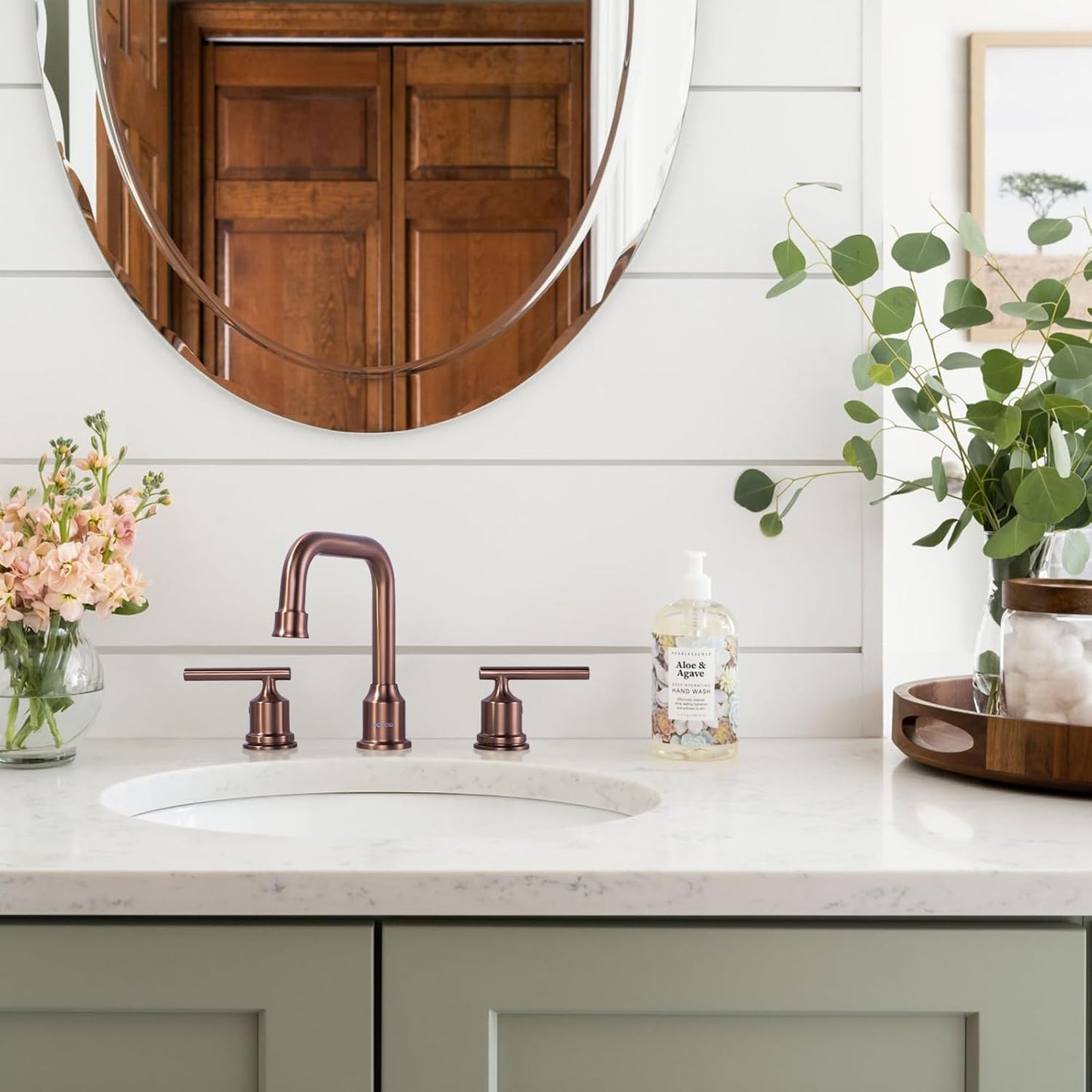 WOWOW Widespread Bathroom Faucet 3 Holes Bathroom Sink Faucet 2 Handle Vanity Faucet with Pop up Drain and Supply Lines Farmhouse Basin Tap 8 Inch Rose Gold