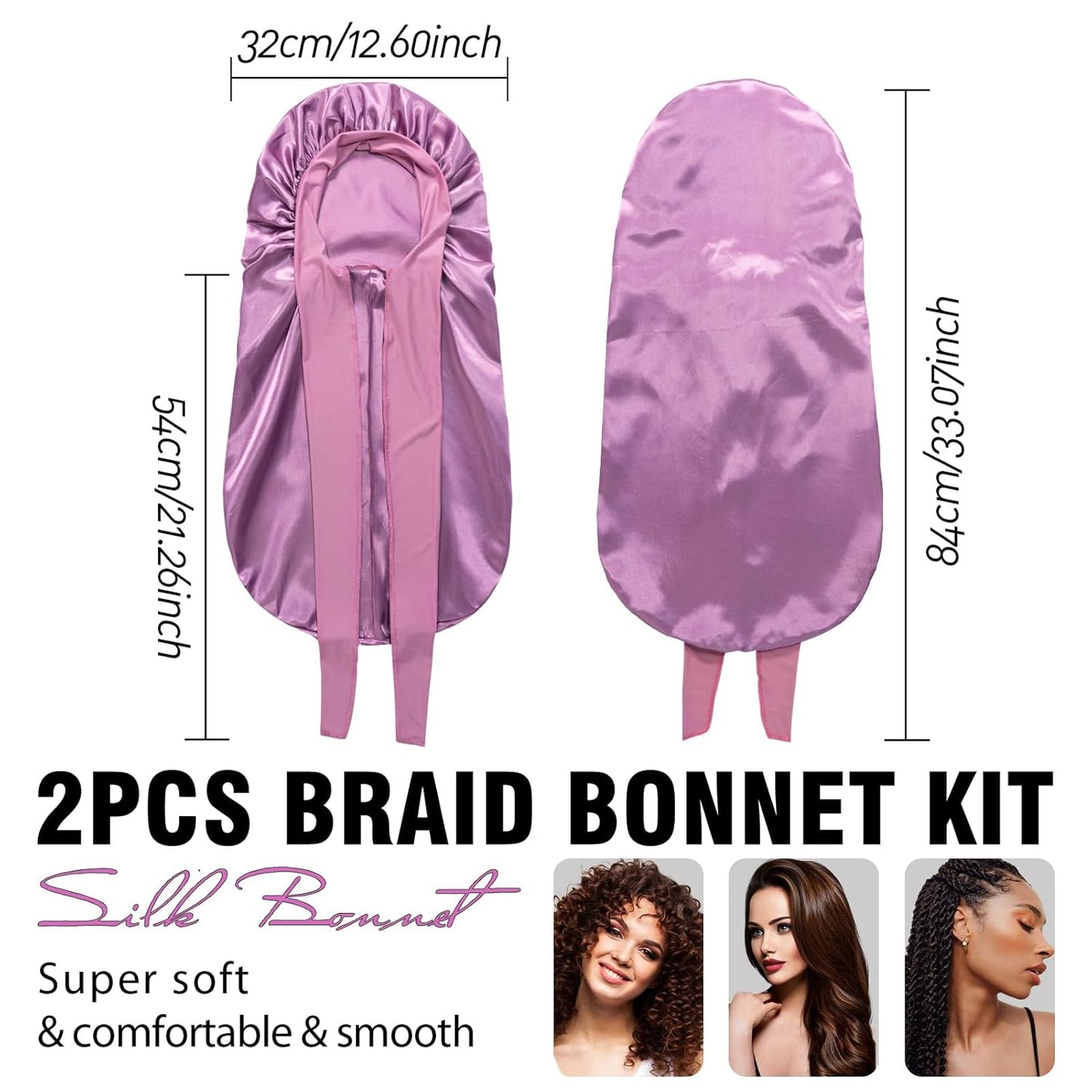 2Pcs Bonnets for Black Women Braid Bonnet, Large Long Satin Bonnet for Braids, Silk Bonnet with Stretchy Tie Band Sleep Cap Hair (Black&Dark Purple)