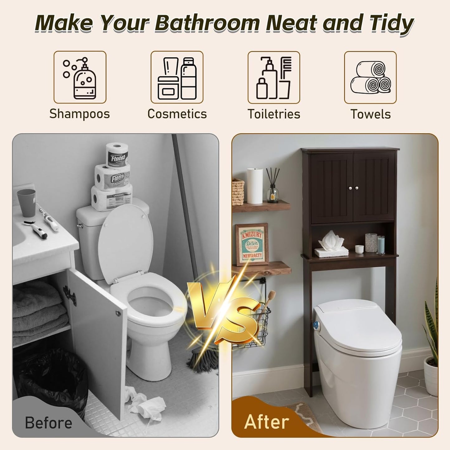 Over The Toilet Storage Cabinet, Behind Toilet Bathroom Organizer with Adjustable Shelves, Wooden Above Toilet Storage Shelf, Space Saver for Restroom, Bathroom, Laundry