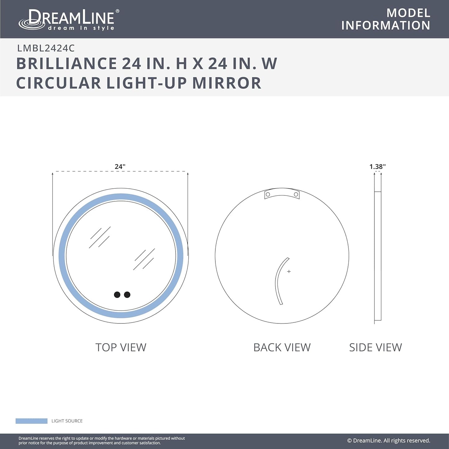DreamLine Brilliance 24 in. H x 24 in. W Circular Light-up Mirror, Brushed Brass