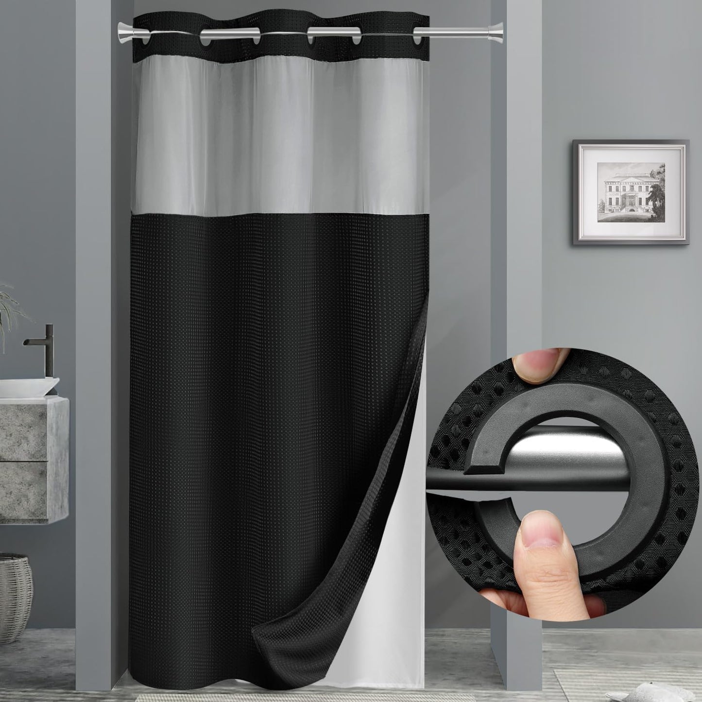 YellyHommy Stall No Hook Shower Curtain with Snap in Liner Set Less Time Black Waffle Shower Curtain for Bathroom 75" L x 36" W