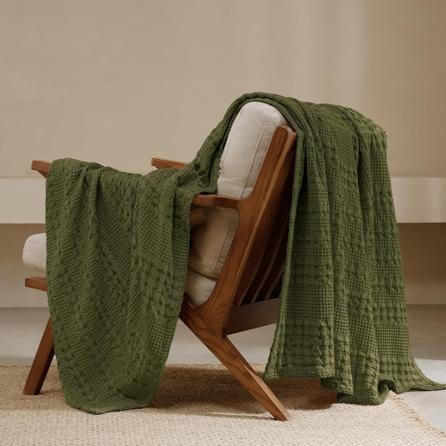 PHF 100% Cotton Waffle Weave Throw Blanket, Soft Lightweight Breathable Cozy Throws for Couch Bed Sofa, Luxury Aesthetic Woven Blanket for Home Decor & Office, 50"x60", Capulet Olive