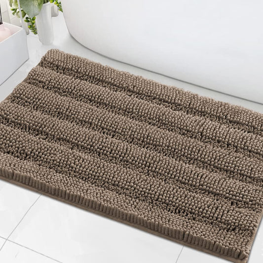 H.VERSAILTEX Bath Mats for Bathroom Non Slip Extra Thick Chenille Striped Bath Rug 24" x 36" Absorbent Non Skid Fluffy Soft Shaggy Rugs Washable Plush Mats for Indoor, Bath Room, Tub - Taupe Brown
