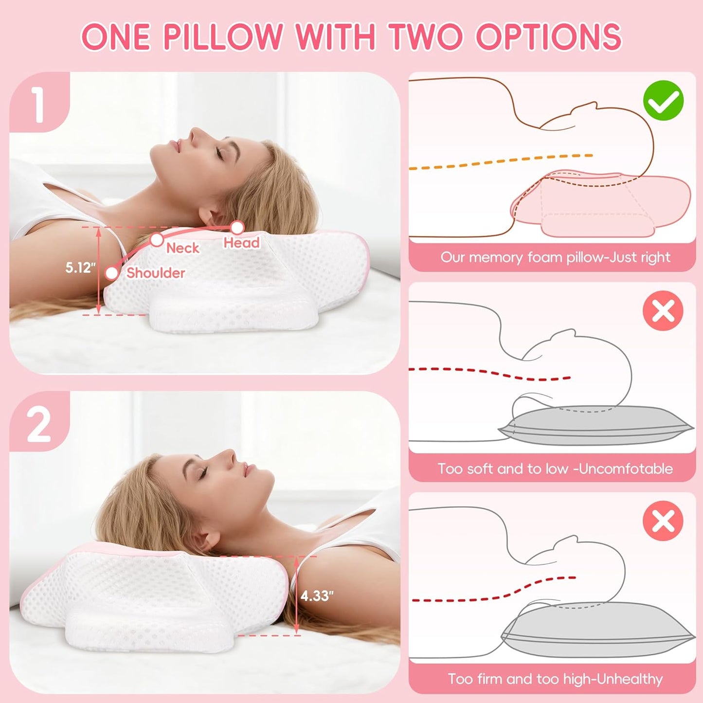 Cervical Neck Pillow for Pain Relief, Ergonomic Contour Pillow for Sleeping, 2 Heights Cooling Pillow for Neck and Shoulder Support, Memory Foam Orthopedic Pillow for Side Back Stomach Sleepers Pink