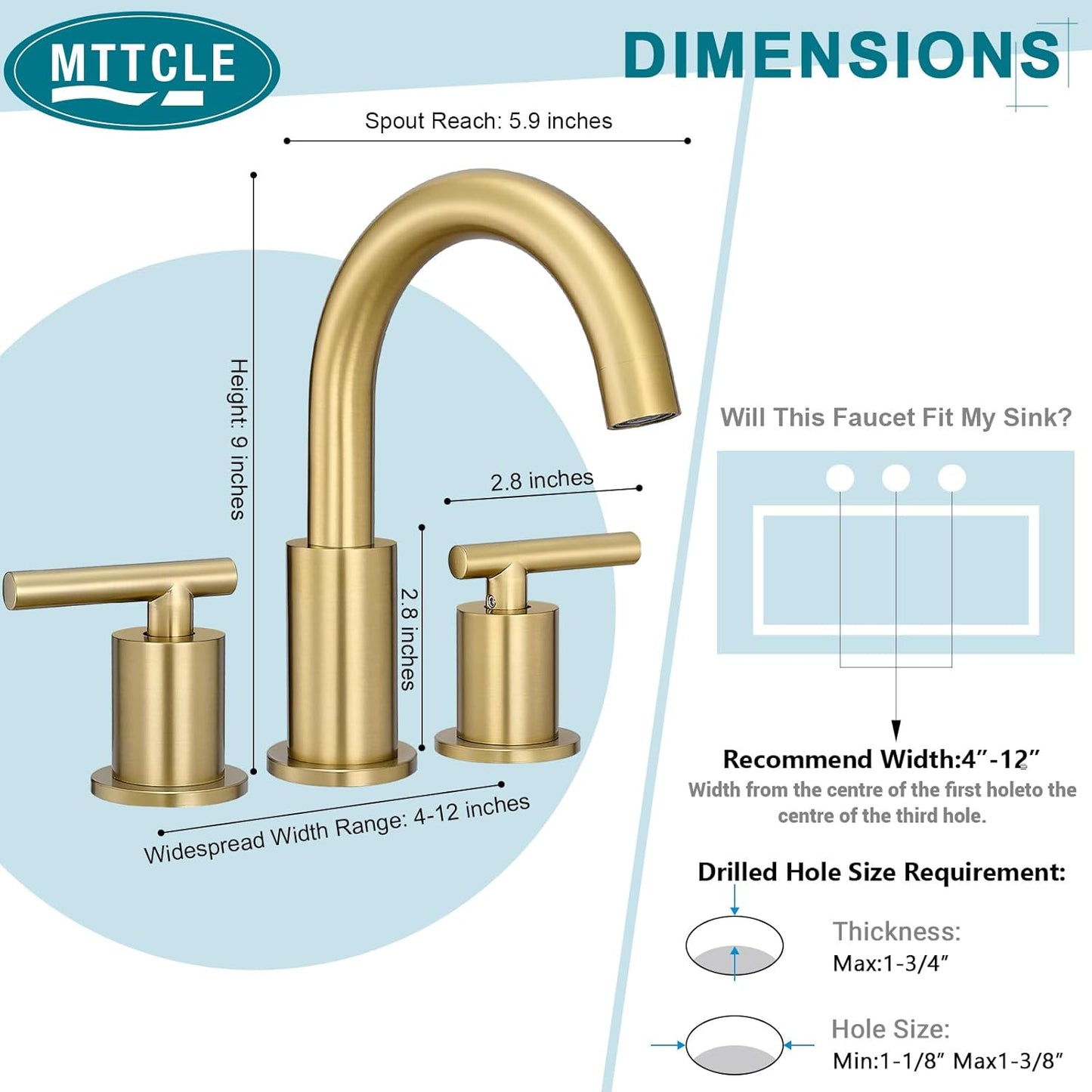 Bathroom Faucet 3 Hole, 8 Inch Widespread with Pop-up Drain, 2 Handle Sink Faucet, Modern Vanity Faucet for Bathroom Sink with 360° Swivel Spout Brushed Gold