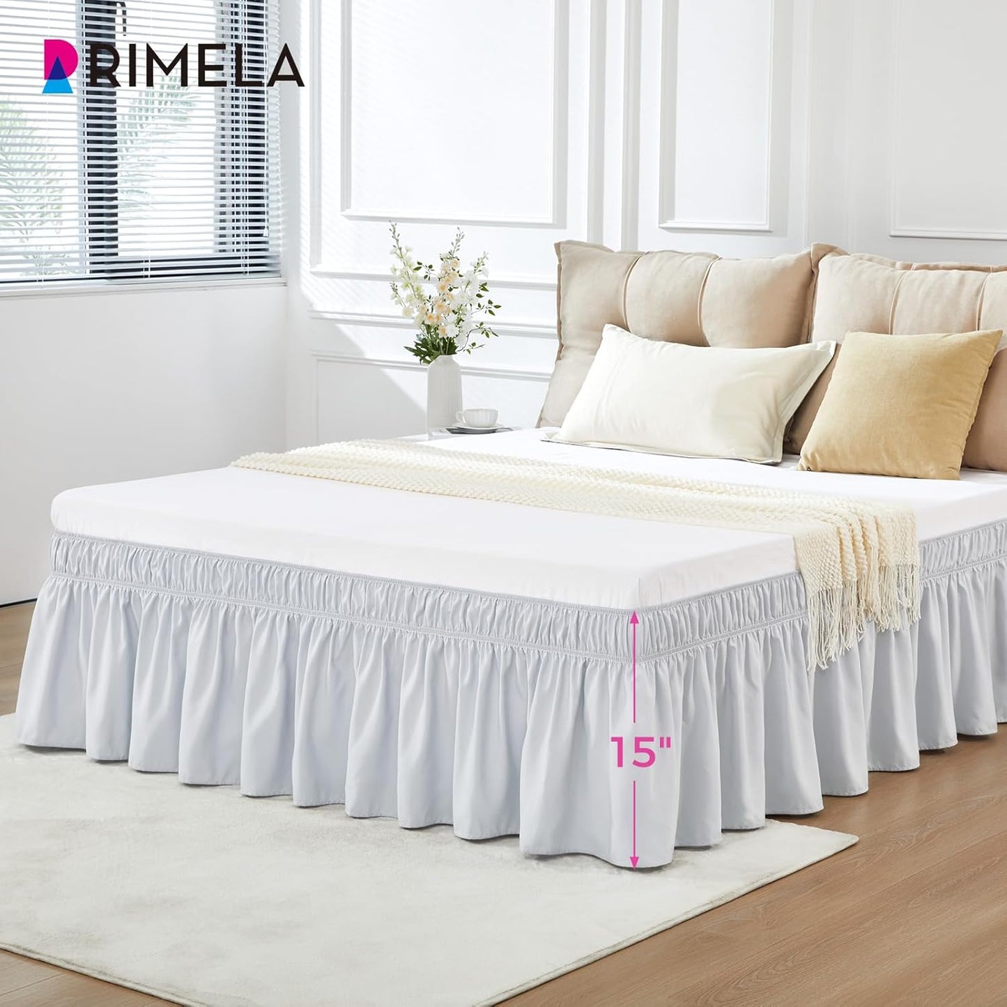 RIMELA Ice Grey Bed Skirt King Size 15 Inch Drop, Elastic Bed Skirting for Bed Base and Frame, Bedding Dust Ruffle Easy to Install, Lightweight Wrap Around Adjustable Bedskirt