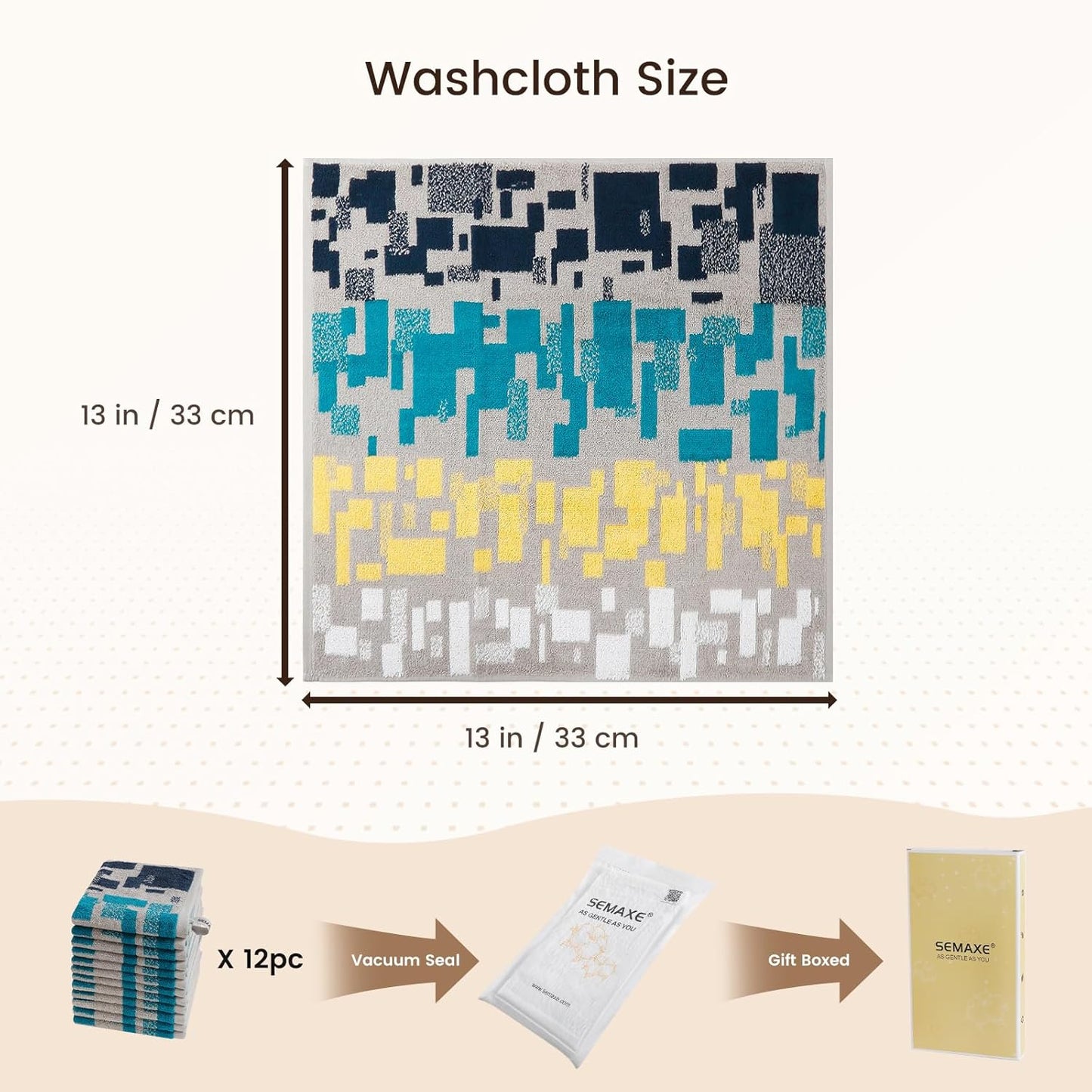 SEMAXE 100% Cotton Washcloths 12-Pack, 13 × 13 Inch Soft Luxury Face Towels – Super Absorbent & Quick-Dry, Premium Cloth with Hanging Loop, Oeko-TEX Certified, Gift-Ready Box