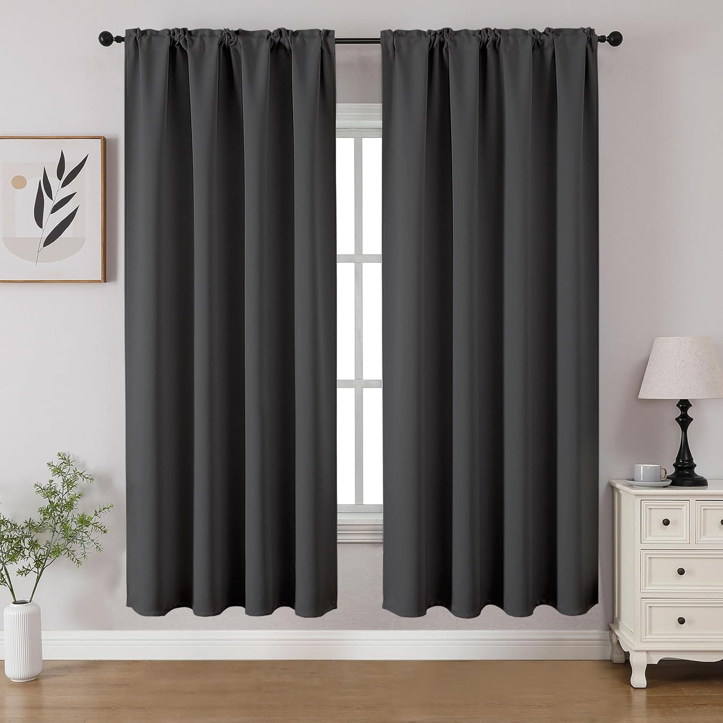CUCRAF Dark Grey Blackout Curtains 63 inch Length 2 Panels Set, Rod Pocket Room Darkening Drapes for Bedroom Living Room, Insulated Thermal Light Blocking Window Curtain (W52 x L63 Inch)
