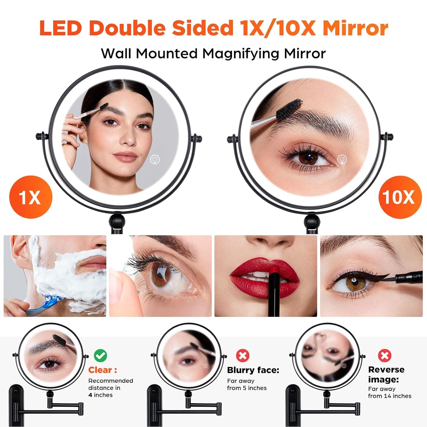 Wall Mounted Lighted Makeup Mirror, 8'' Double Sided 1X/10X Magnifying Rechargeable Vanity Mirror with Lights, 3 Color Lights Height Adjustable 360° Rotation Bathroom Mirror with Hook