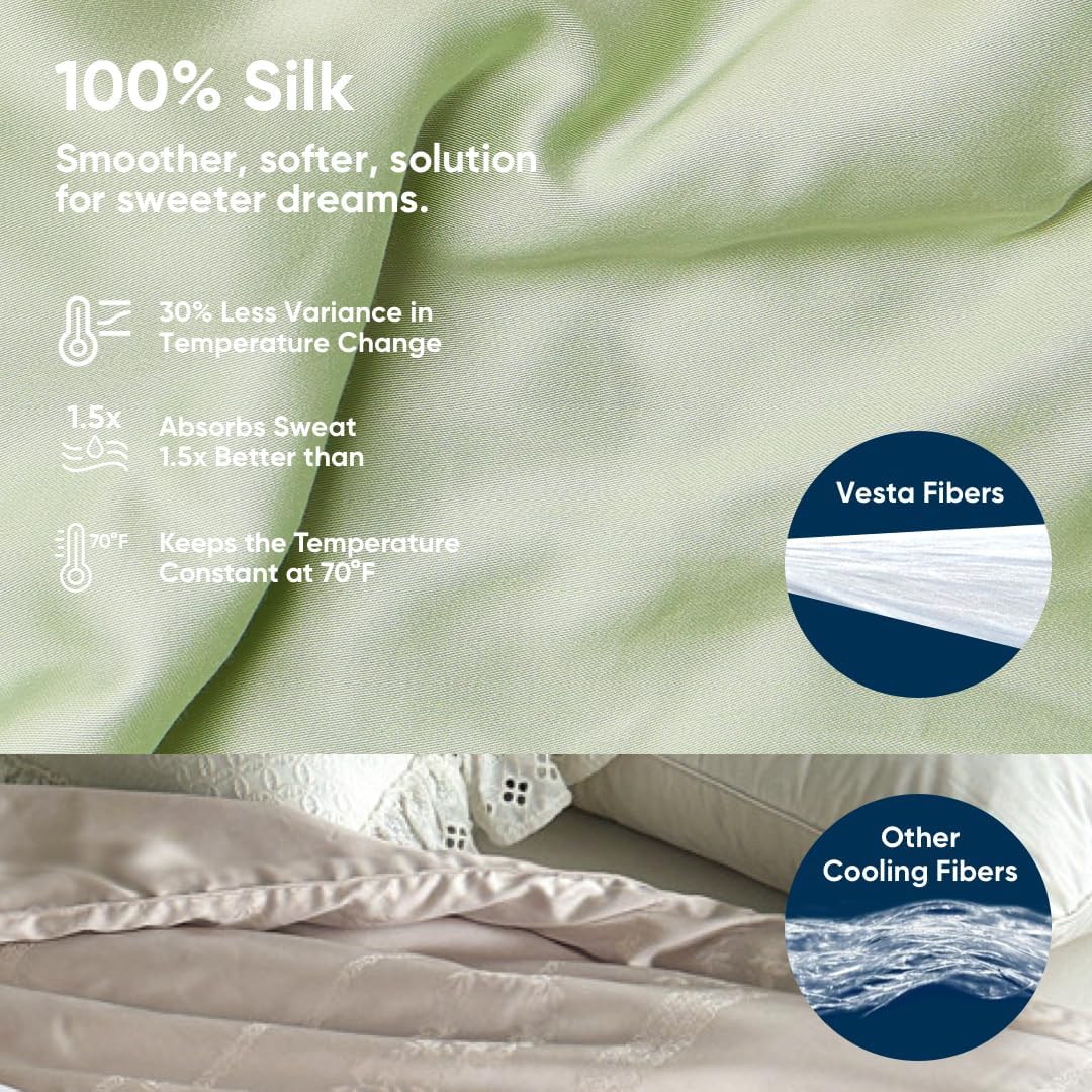 Vesta Washable Silk Lightweight Comforter, Cooling Blanket for Hot Sleepers, 100% Long Staple Mulberry Silk, Moisture & Thermal Control for Summer Use (Tender Green, King/Cal King 104'' X 90'')