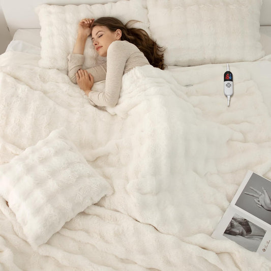 Faux Rabbit Fur Bubble Electric Blanket Full White - Fuzzy Soft Plush Heated Blanket Full Size with 6 Heating Levels & 10 Timer Settings, Home Decor Gifts for Women, ETL Certified, 72" x 84"