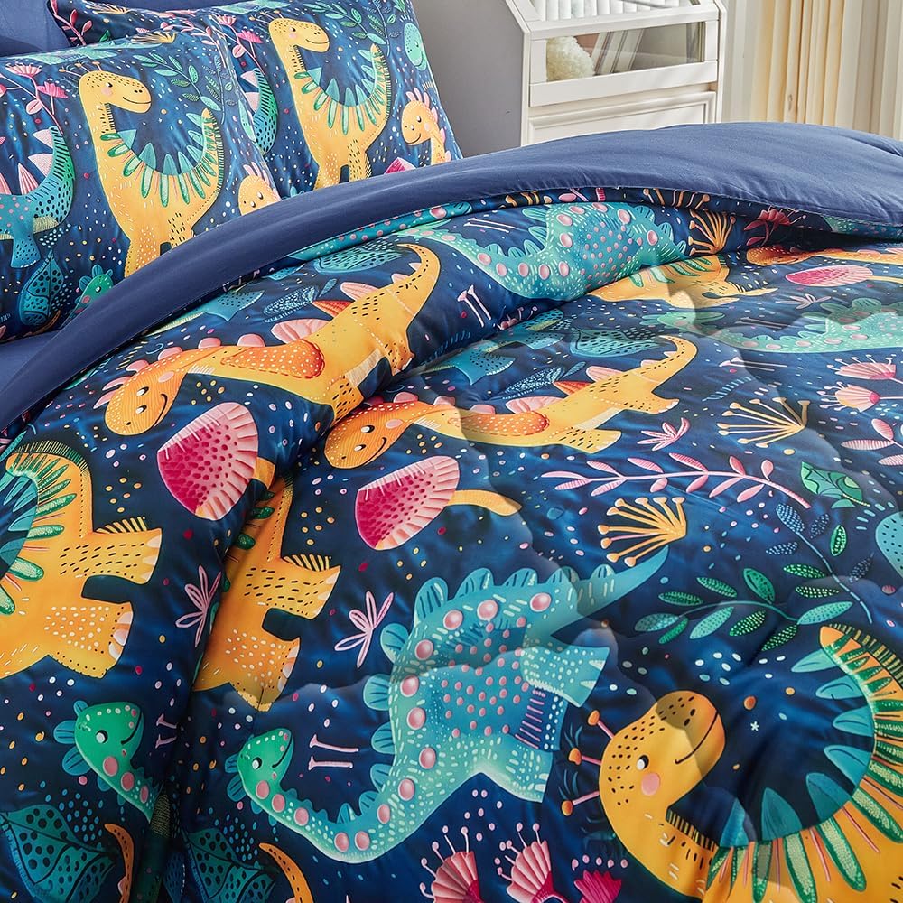Wajade 7 Piece Dinosaur Comforter Set for Boys 3D Blue Dinosaur Print Bedding Set for Kids Teens Bed in A Bag Queen Size (1 Comforter, 1 Flat Sheet, 1 Fitted Sheet, 2 Pillowcase and 2 Pillow Sham)