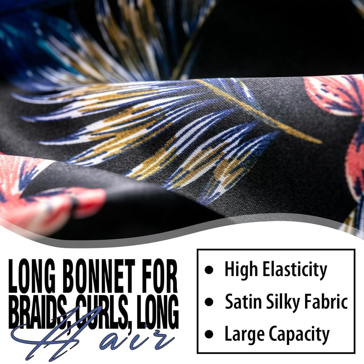 2Pcs Bonnets for Black Women Braid Bonnet, Large Long Satin Bonnet for Braids, Silk Bonnet with Stretchy Tie Band Sleep Cap Hair (2Pcs-Black&Black Pattern)
