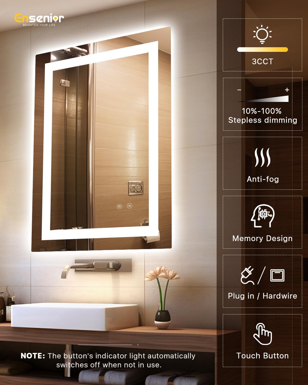 Ensenior LED Bathroom Mirror 30"x 36" with Front and Backlight, Stepless Dimmable Wall Mirrors with Anti-Fog, Shatter-Proof, Memory, 3 Colors, Modern LED Vanity Mirror-FCC