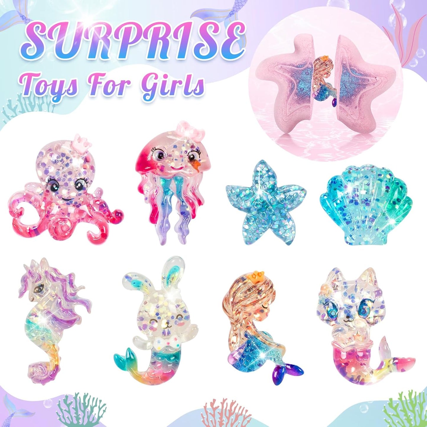 Mermaid Bath Bombs for Kids with Surprise Toys Inside, 8 Pcs Organic Natural Bubble Bath Bombs for Girls,Christmas Birthday Gift for 3 4 5 6 7 8 Year Old Girl,Princess Bath Bomb Kit with Mermaid Toys