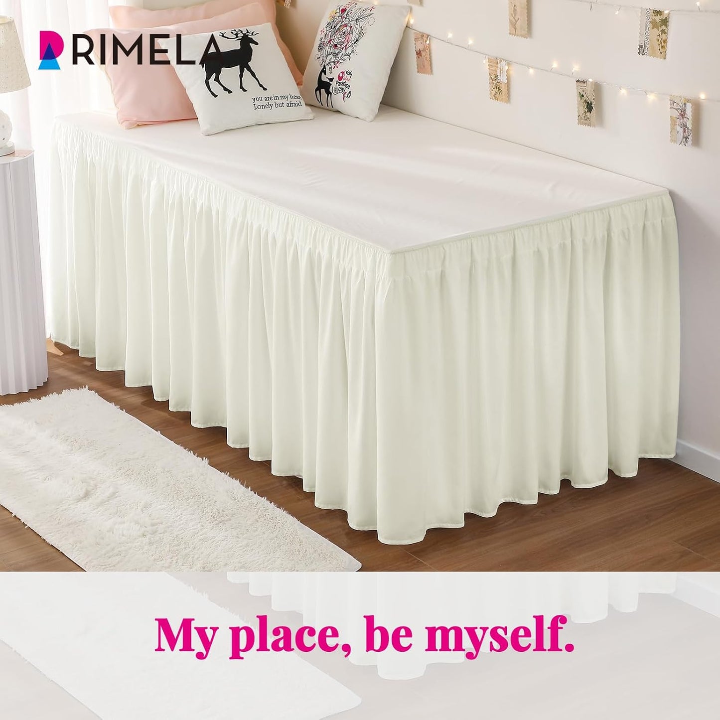 RIMELA Ivory White Dorm Bed Skirt Twin XL 32 Inch Drop, Easy to Install Extra Long Wrap Around Elastic Dust Ruffle, Bedskirt Silky Fabric Machine Washable (Twin XL 80“L x 39”W & Twin 75“L x 39”W)