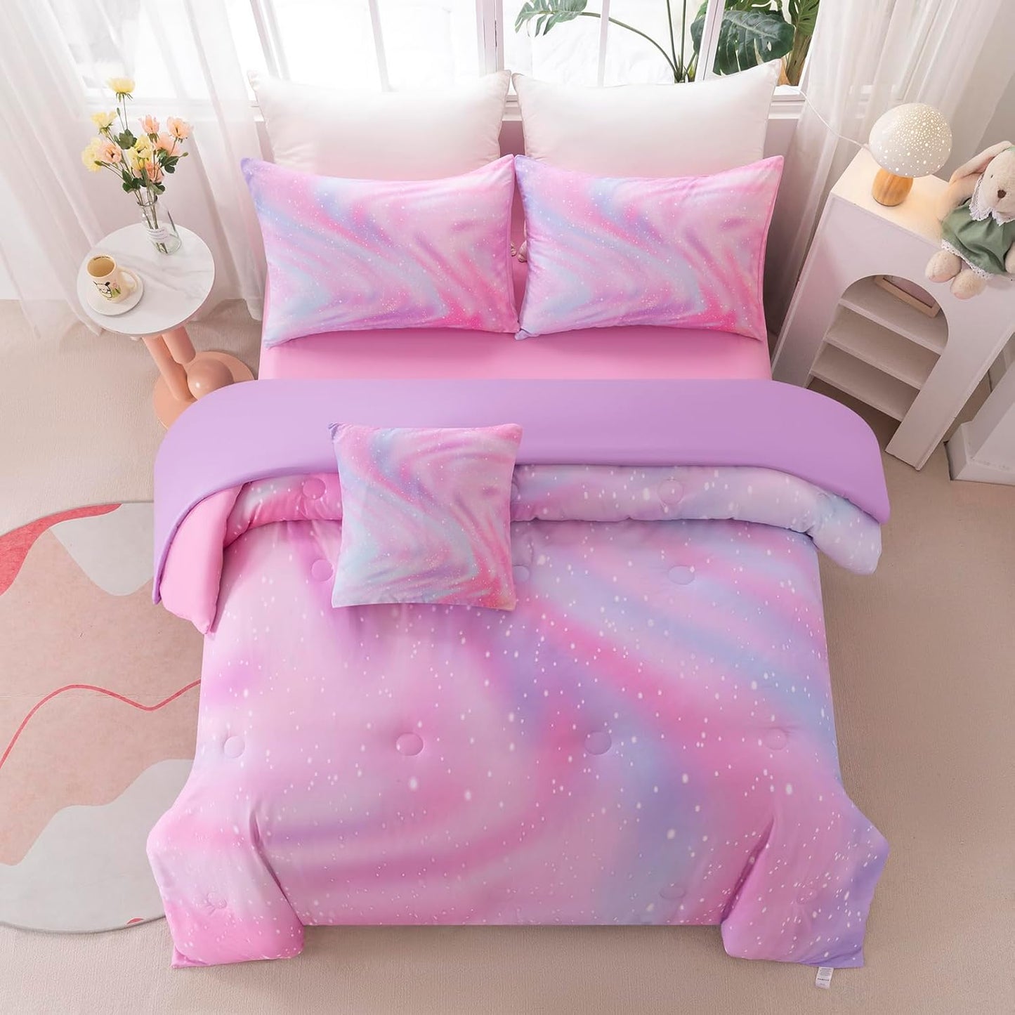 6Pcs Girls Twin Bedding Set with Sheets, Pink Bedding Sets, Bed in A Bag Kids Bedding Set for Girls Twin (1 Comforter, 1 Flat Sheet, 1 Fitted Sheet, 1 Cushion Cover, 2 Pillowcases)