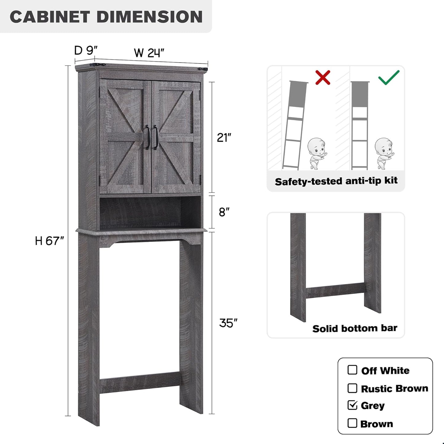 ACCOHOHO Over The Toilet Storage Cabinet, Farmhouse Bathroom Cabinet with Adjustable Shelf & Barn Door, 67" Tall Over The Toilet Shelf, Grey Wash