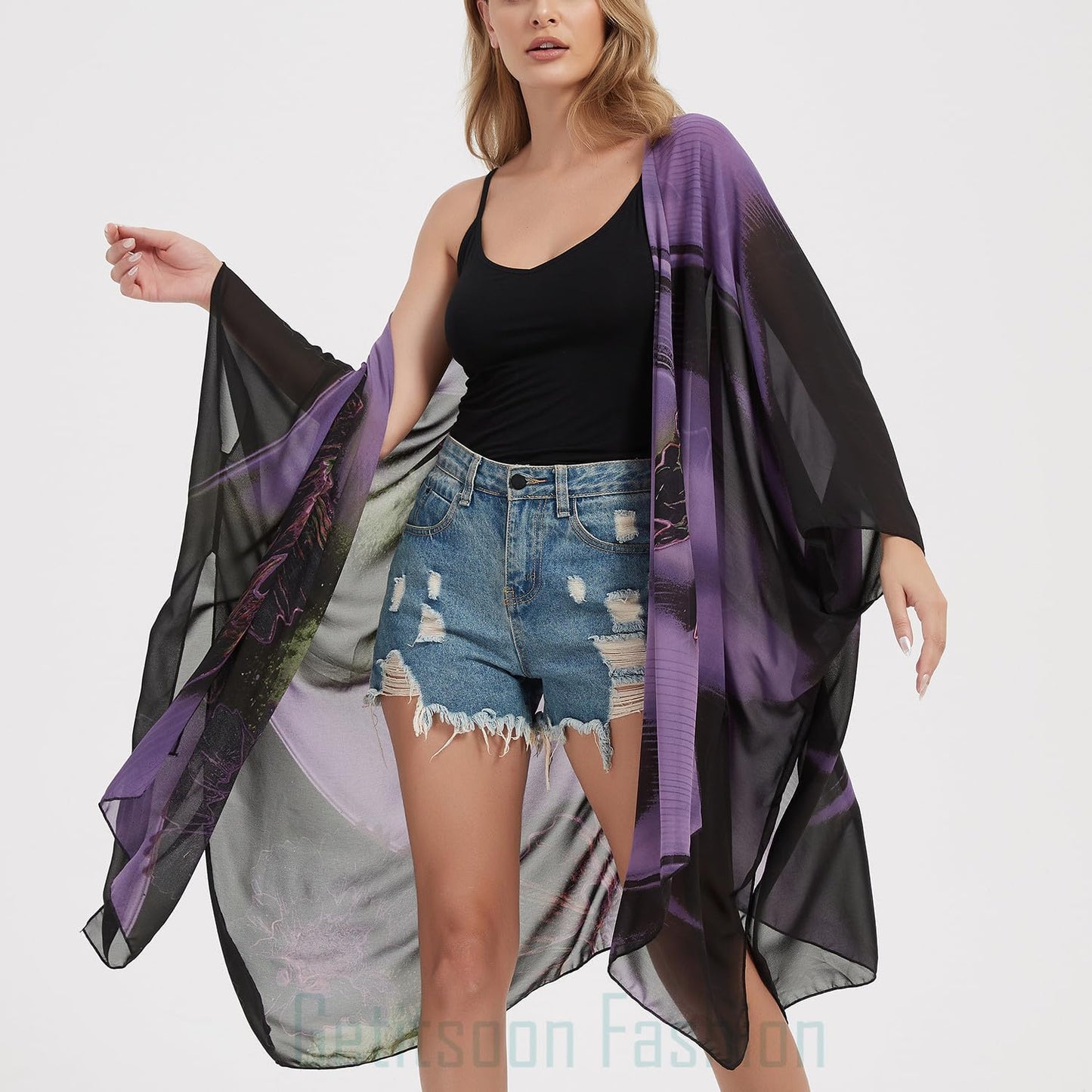 Women's Bohemian Floral Chiffon Beach Cover up Swimsuit Kimono Summer Swimwear Cardigans