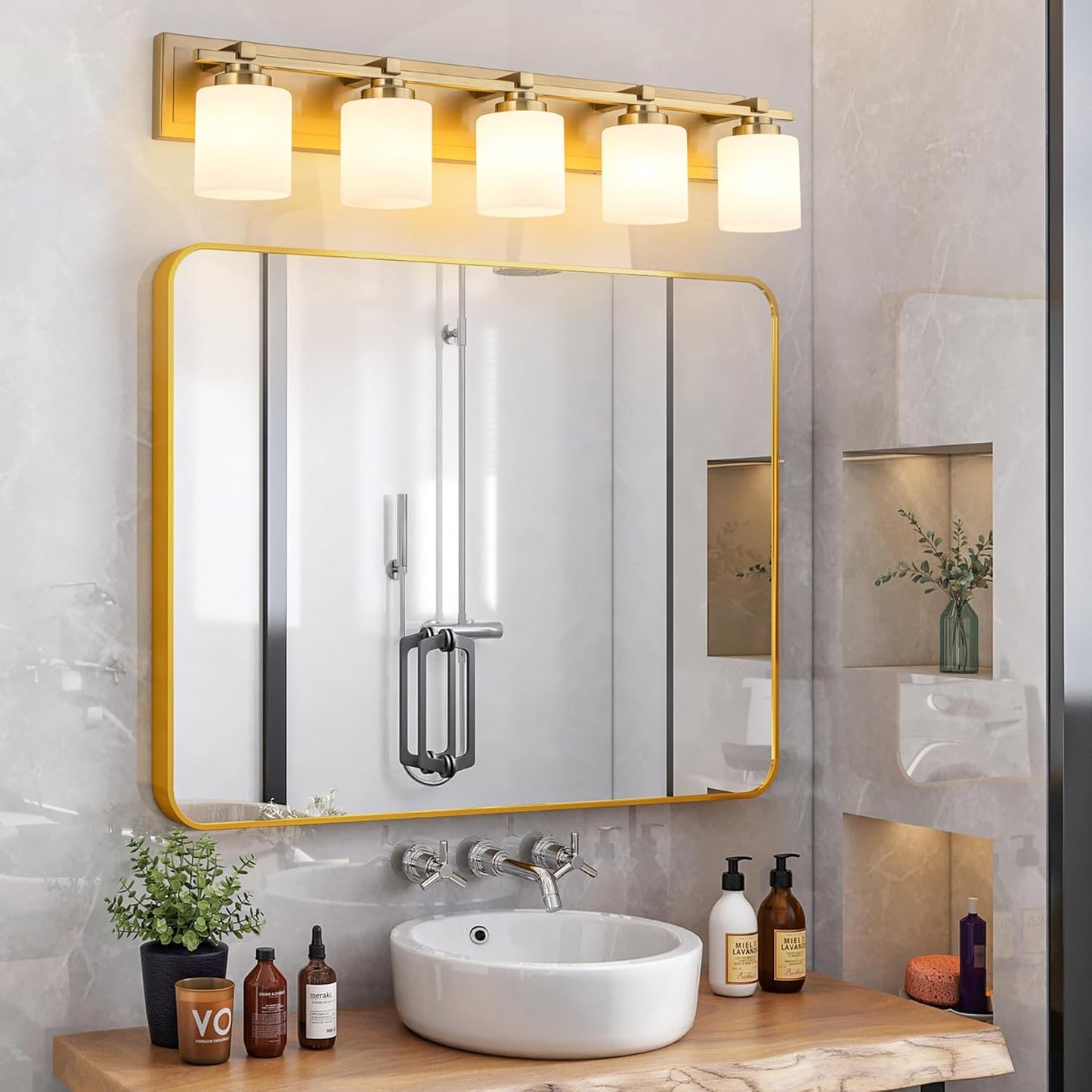 5 Light Modern Bathroom Light Fixtures Over Mirror, Brass Finish Vanity Lights for Bathroom Wall Sconces with Milky White Glass Shades, E26 Socket (Bulbs Not Included)