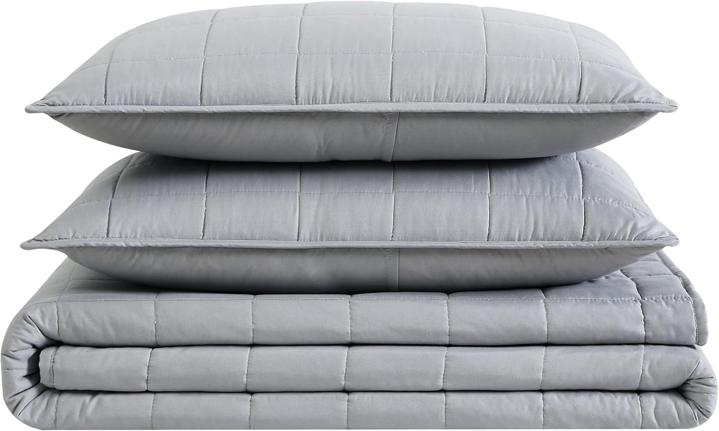 London Fog Garment Washed Solid Quilt Set Grey Microfiber 3-Piece Full/Queen Quilt Set, Solid Themed, Adult and Teen, Oeko-TEX Certified