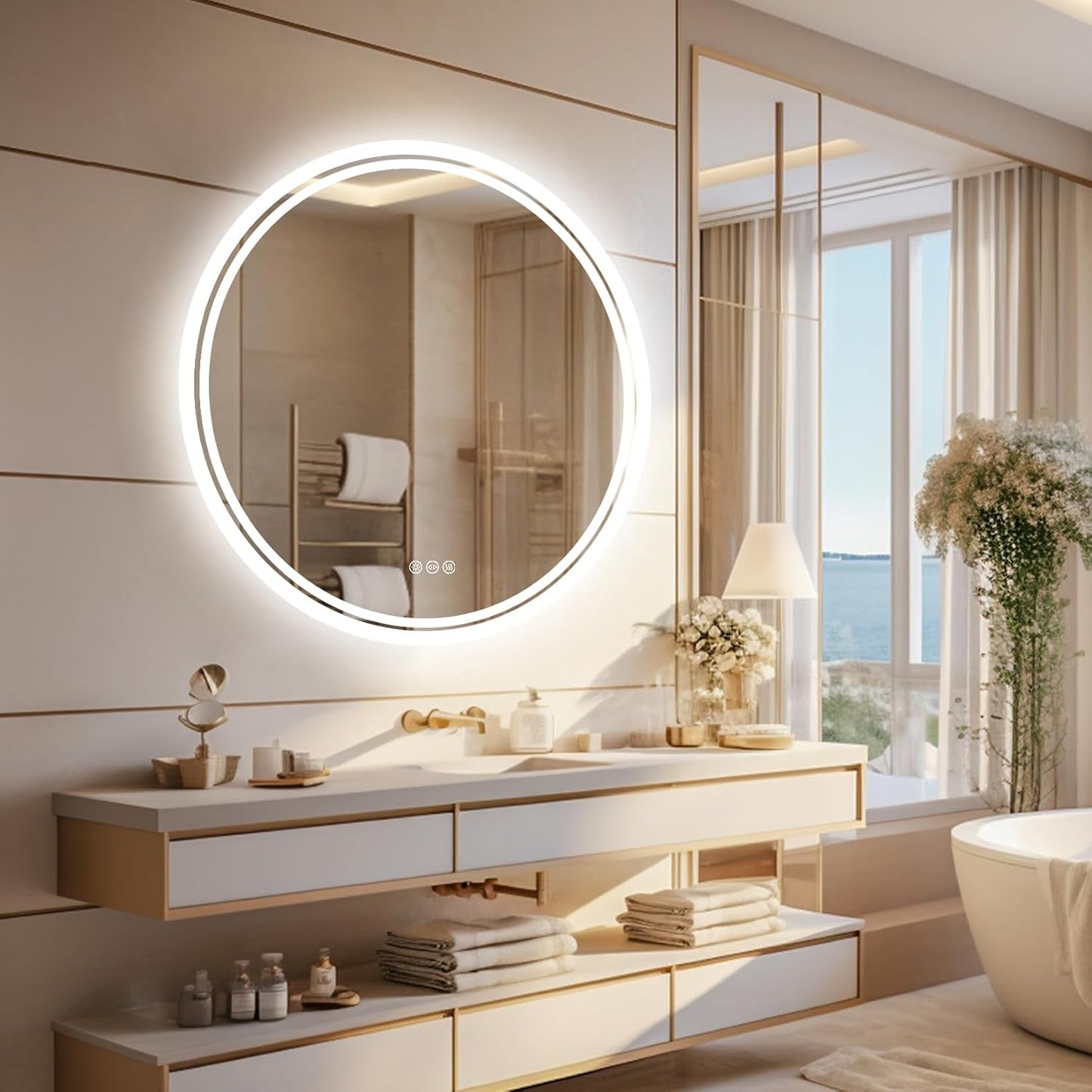 LUVODI Lighted LED Bathroom Mirror: 32” Circle Wall Mounted Large Lighted Makeup Mirror with Bright Back Lit - Illuminated Dimmable 3 Colors Vanity Mirrors with Demister Pad Smart Touch Switch