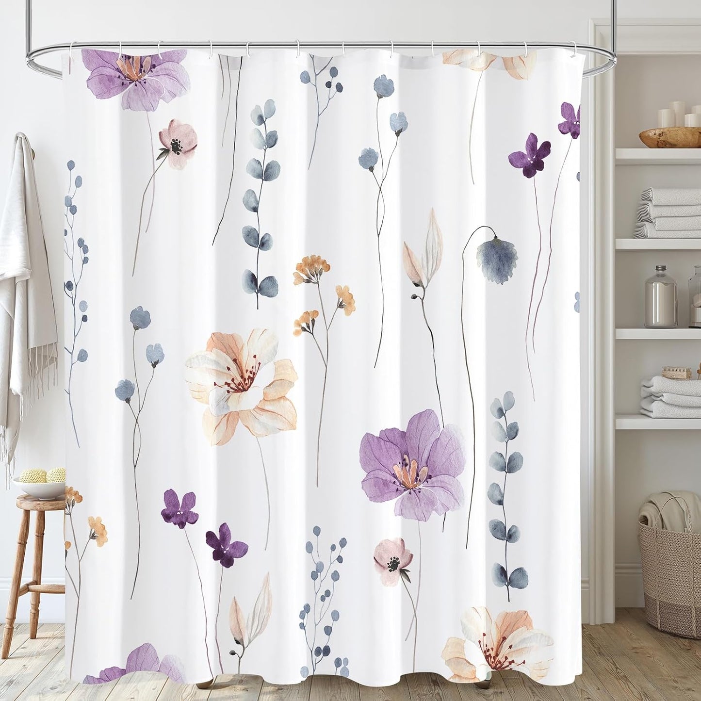 Gibelle Long Shower Curtain 72 x 78, Watercolor Floral Fabric Shower Curtain, Purple Beige Flower Decorative Bathroom Shower Curtain Set with Hooks