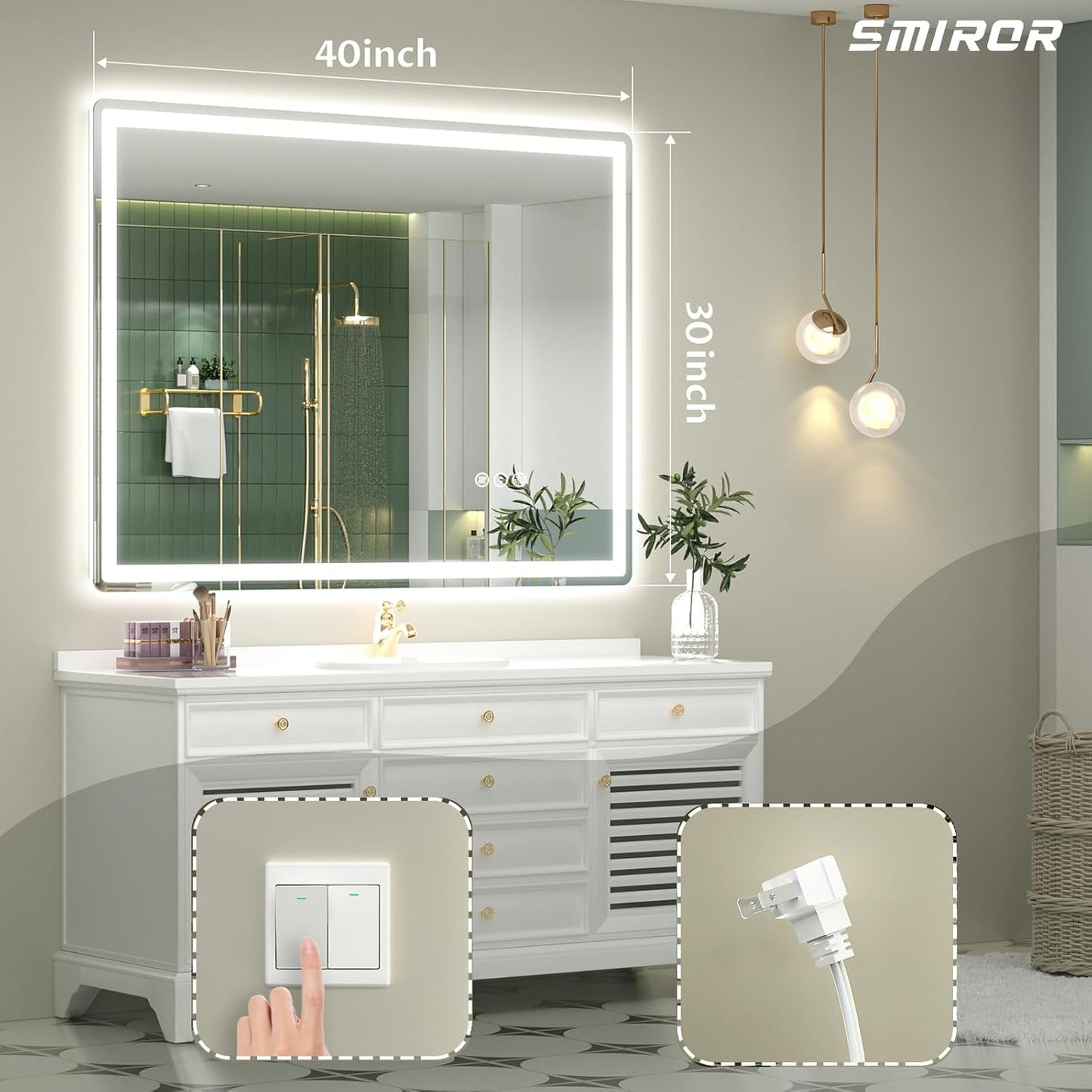 SMIROR LED Bathroom Mirror with Lights 40"x 30", Rounded Rectangle Lighted Vanity Mirror for Wall, Front Lit and Backlit, 3 Colors, Dimmable, Anti-Fog, Tempered Glass (Horizontally/Vertically)