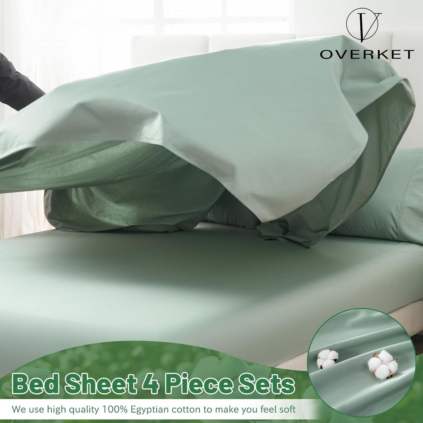 100% Egyptian Cotton Sheets King Size 1000 Thread Count Sateen Weave Soft Breathable 16-Inch Deep Pocket 4PCS（King,Sage Green）