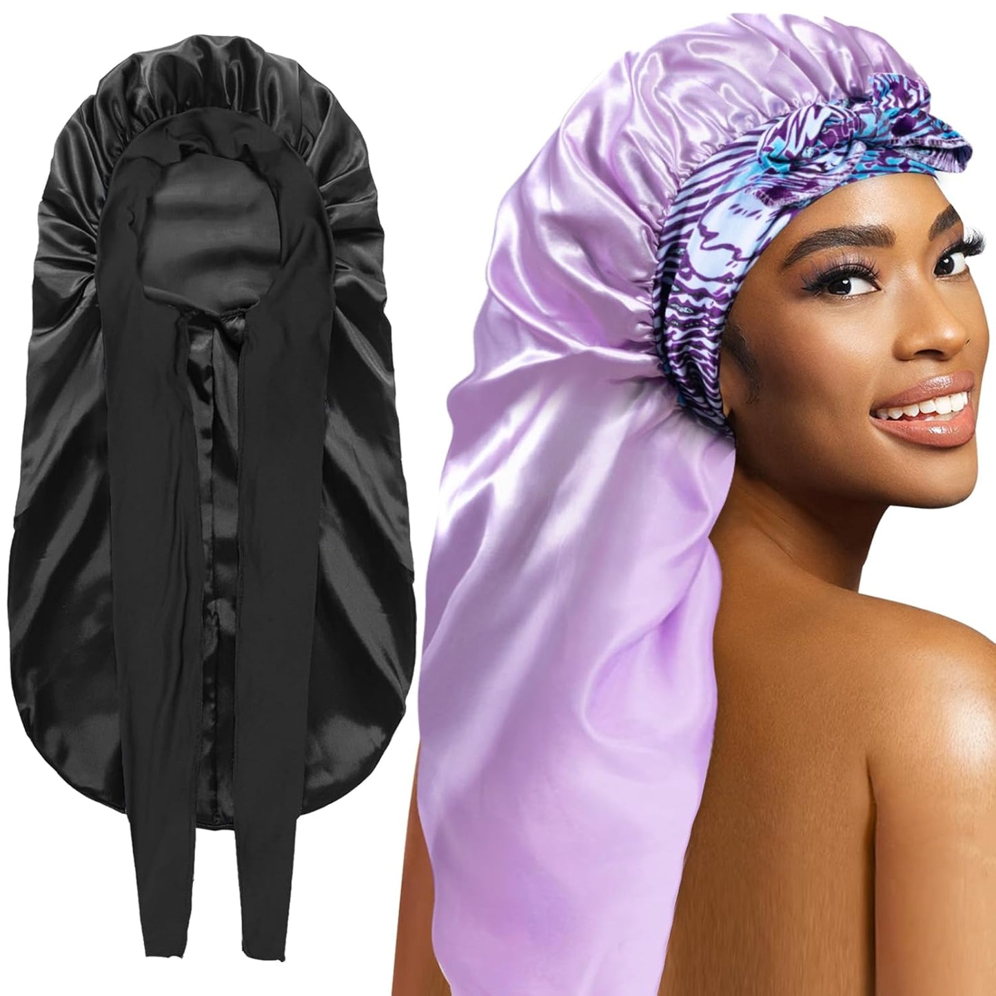 2Pcs Bonnets for Black Women Braid Bonnet, Large Long Satin Silk Bonnet for Braids,Black Women Braid Bonnet with Stretchy Tie Band for Sleeping Extra Long (Black&Light Purple Pattern