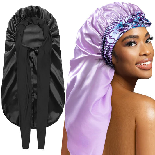 2Pcs Bonnets for Black Women Braid Bonnet, Large Long Satin Silk Bonnet for Braids,Black Women Braid Bonnet with Stretchy Tie Band for Sleeping Extra Long (Black&Light Purple Pattern