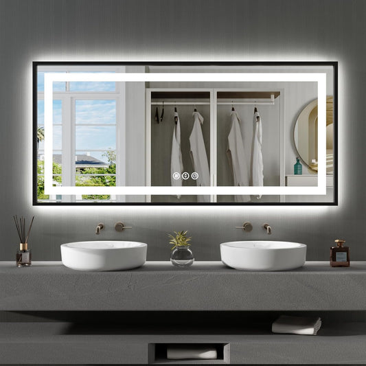 Amorho 60"x 28" Black LED Mirror for Bathroom, Front Light and Backlit Framed, Stepless Dimmable, Anti-Fog, Shatter-Proof, Memory, 3 Colors, Double LED Vanity Mirror