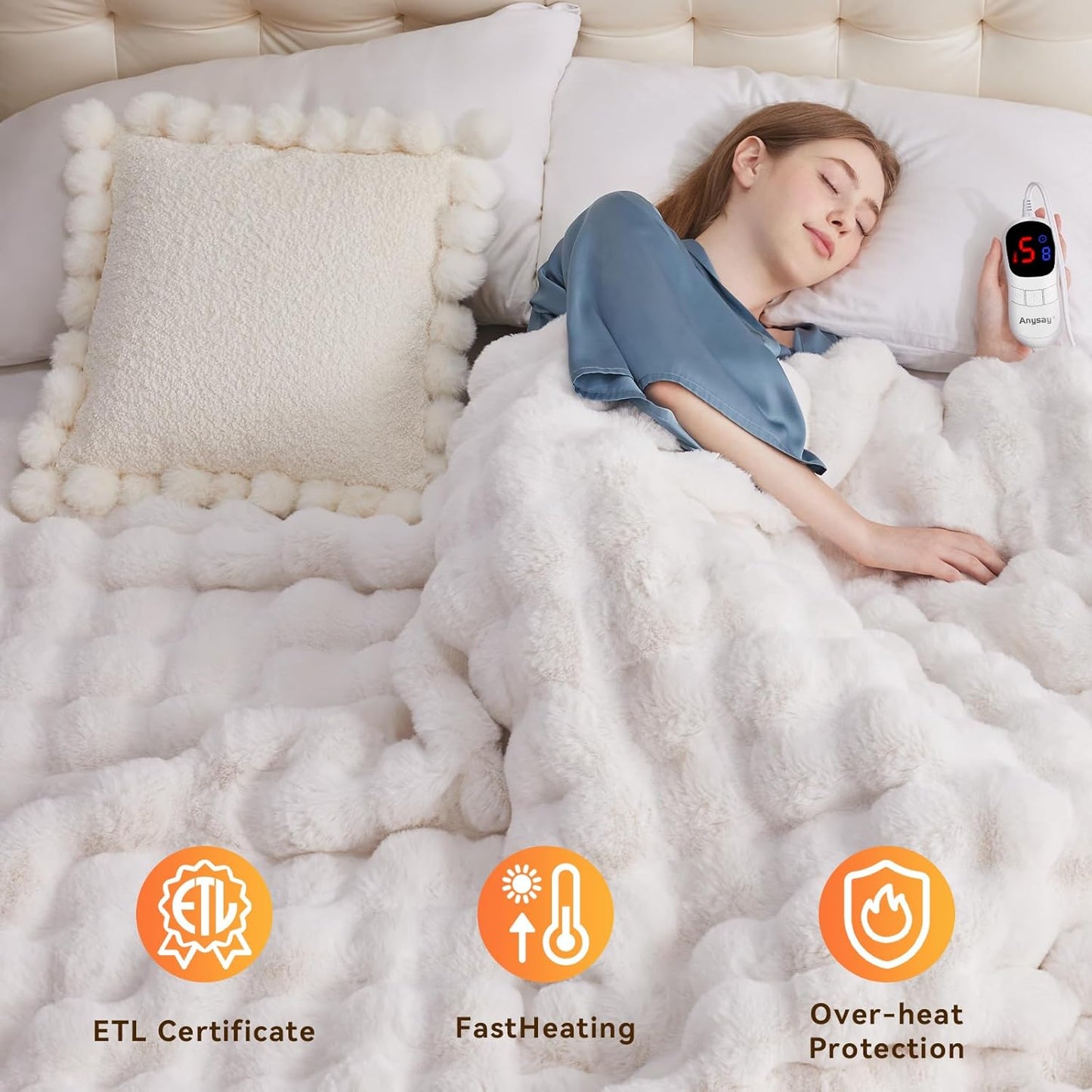 Heated Blanket King Size with 1/2/4/6/8 Hours Auto-Off 10 Heat Level, 90'' * 100'' Cozy Faux Rabbit Fur Bubble Electric Blanket with Overheat Protection(White)
