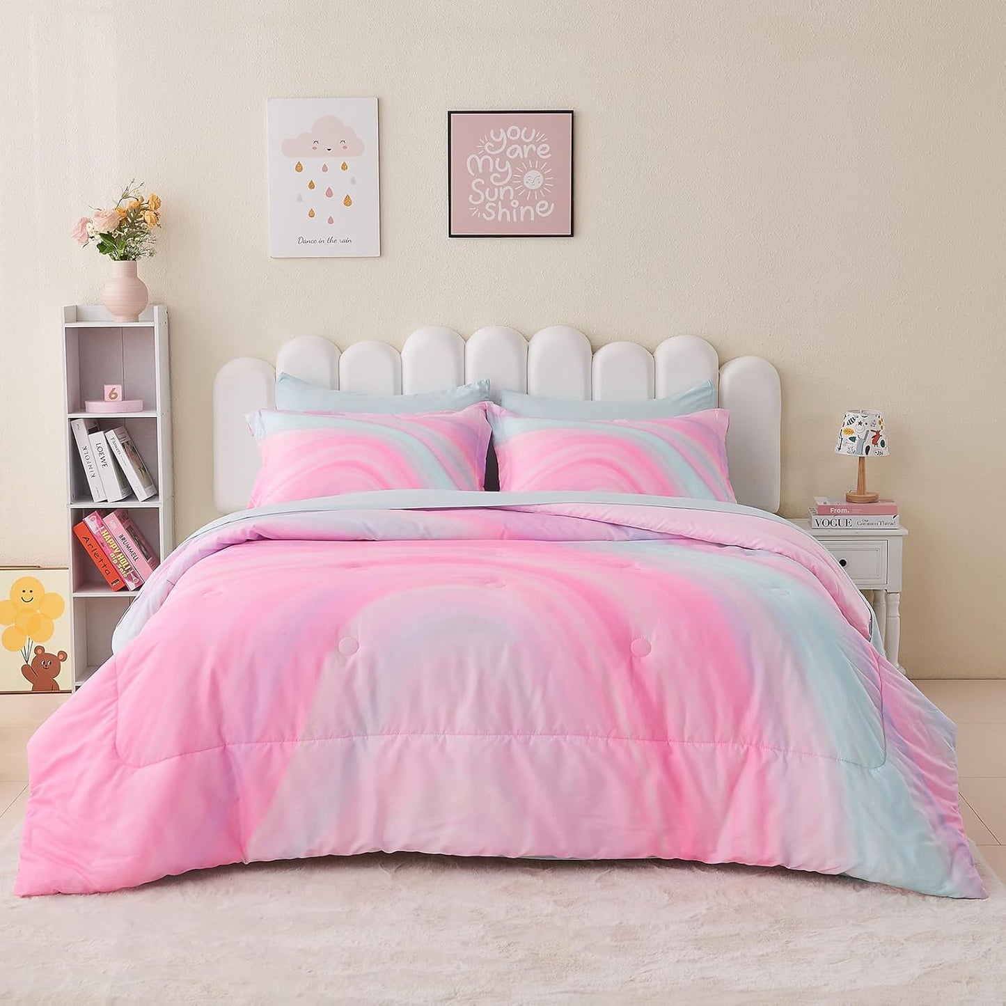Wajade Girls Pink Comforter Set Bed in A Bag Twin Size 7 Piece 3D Colorful Tie Dye Pink Rainbow Bedding Set for Teens Girls (1 Comforter, 1 Flat Sheet, 1 Fitted Sheet, 2 Pillowcase and 2 Pillow Sham)