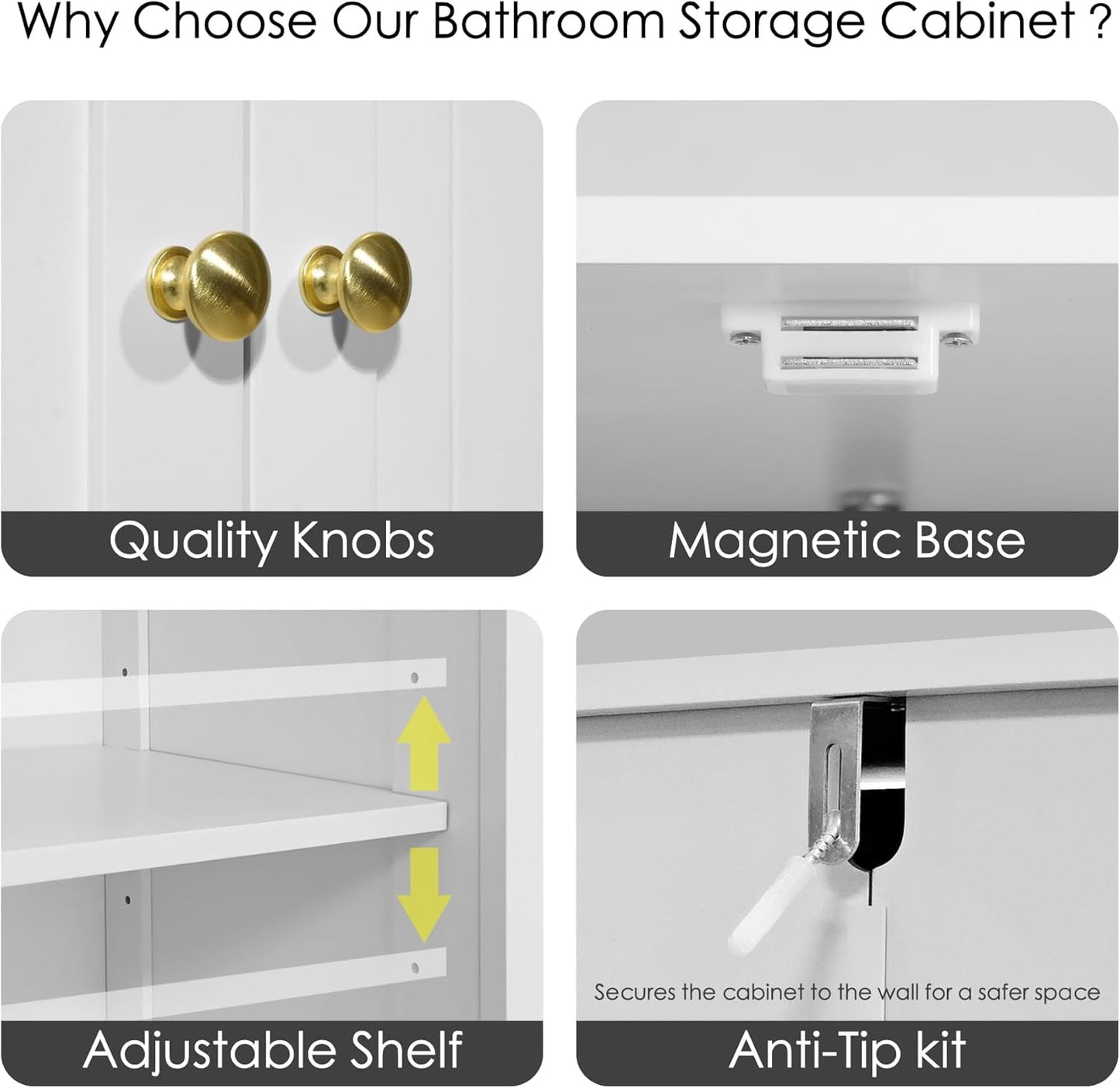 Bathroom Floor Storage Cabinet, 44.5" Freestanding Bathroom Cabinet with 4 Doors and Adjustable Shelves Modern Cupboard for Entryway, Living Room, Kitchen (White)